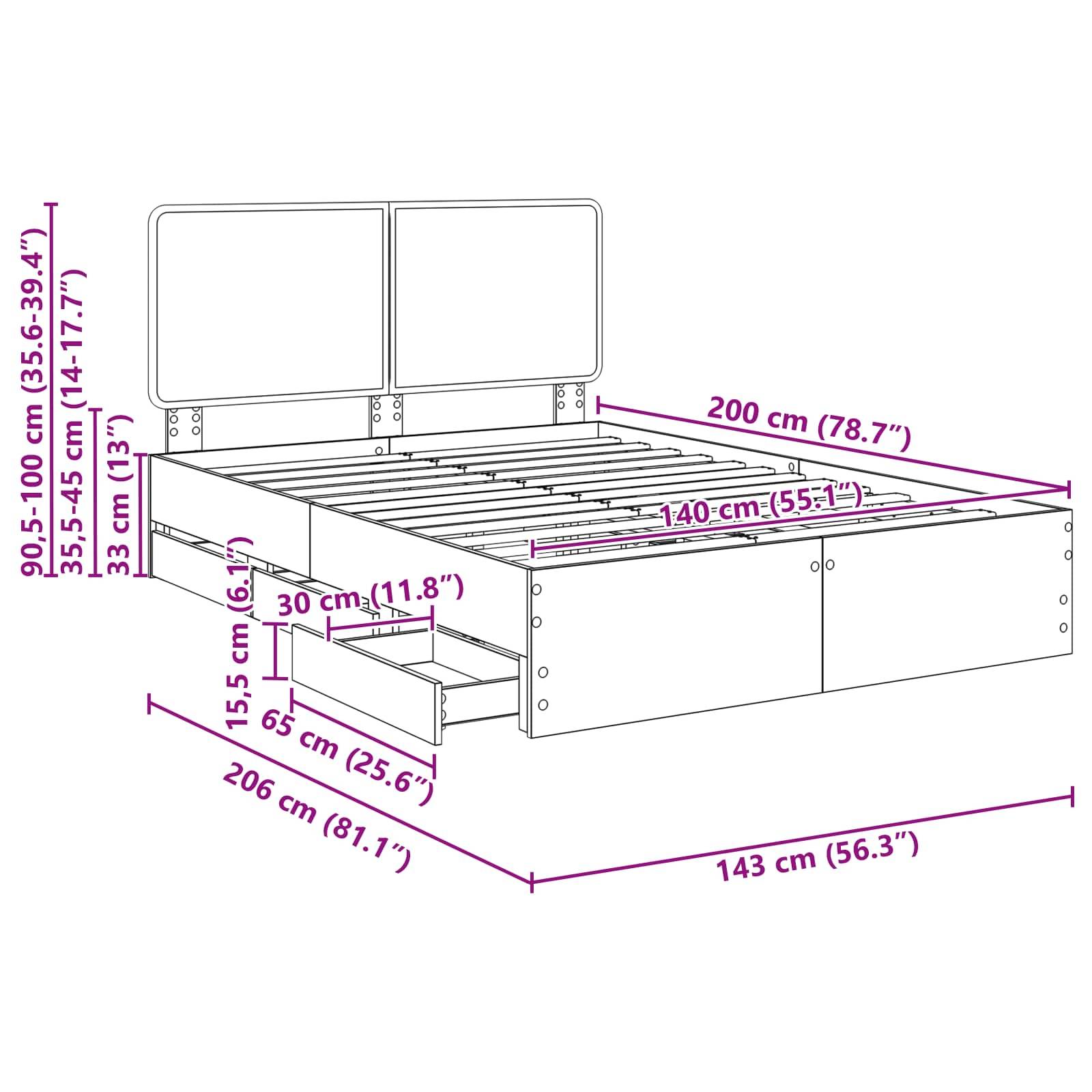 Darstellung eines Bettgestells mit Stauraum, Abmessungen beschriftet: Breite 200 cm, Länge 206 cm, Höhe 90,5-100 cm. Inklusive Seitenschubladen und Kopfteil.