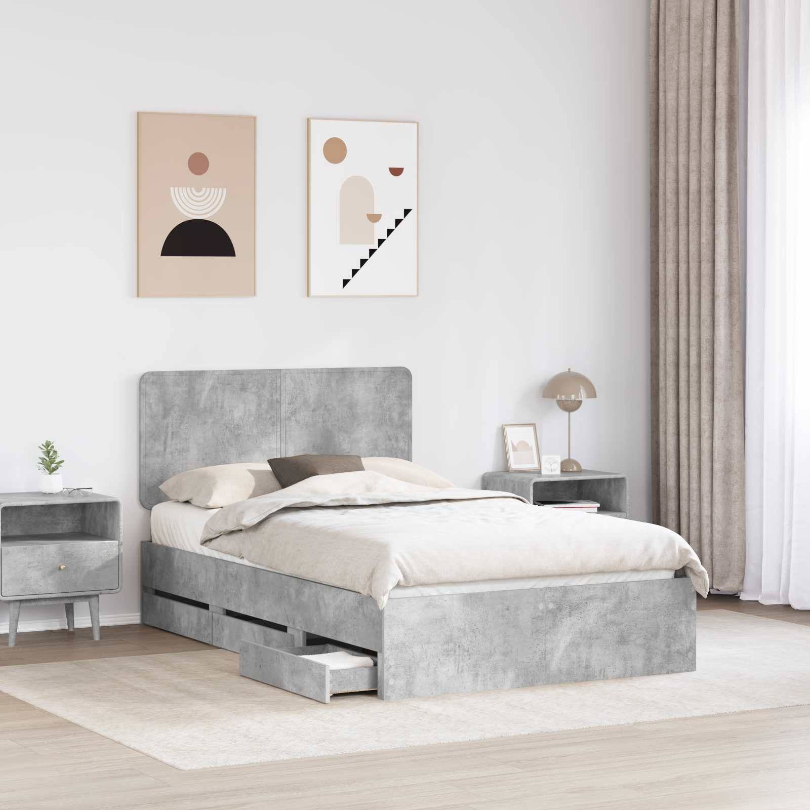 vidaXL Bettrahmen mit Kopfteil Beton Grau 135 x 190 cm Ingenieurs Holz