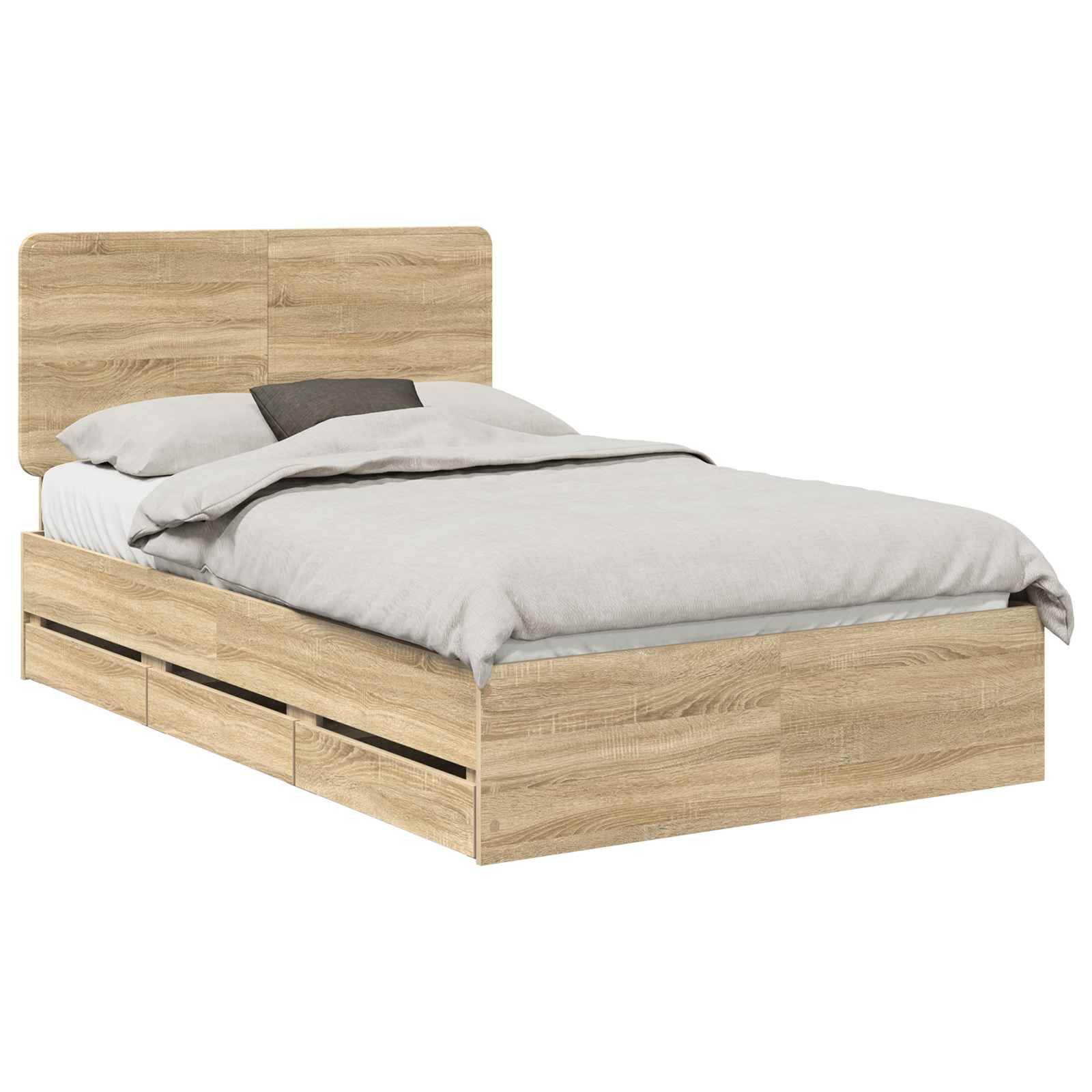 Ein Holzbettgestell mit gepolstertem Kopfteil, weißer Bettwäsche und Kissen, mit Aufbewahrungsschubladen darunter.