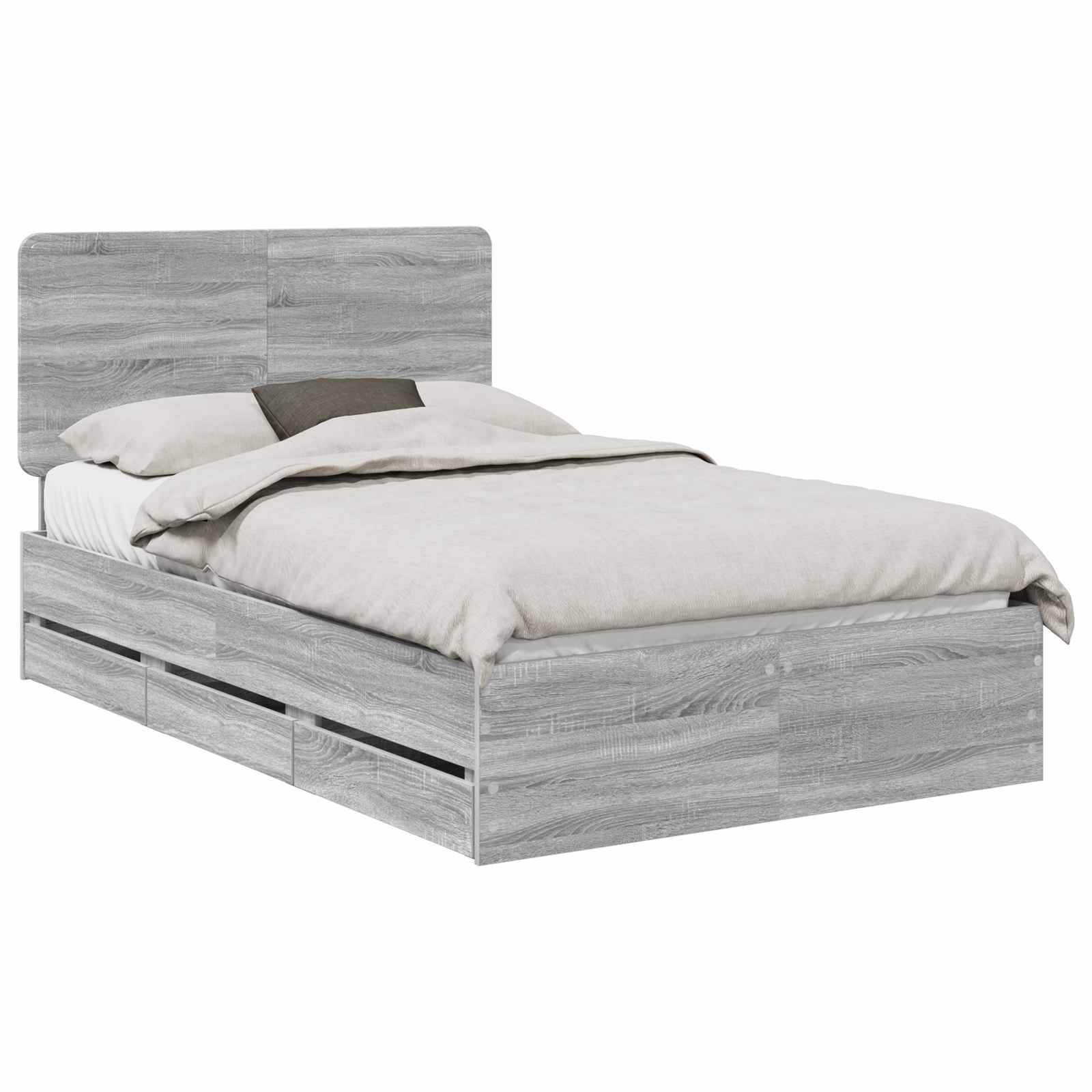 Ein hellgrauer Holzbettrahmen mit Kopfteil, mit einem schlichten Design und neutraler Bettwäsche, einschließlich einer beigen Bettdecke und zwei Kissen.