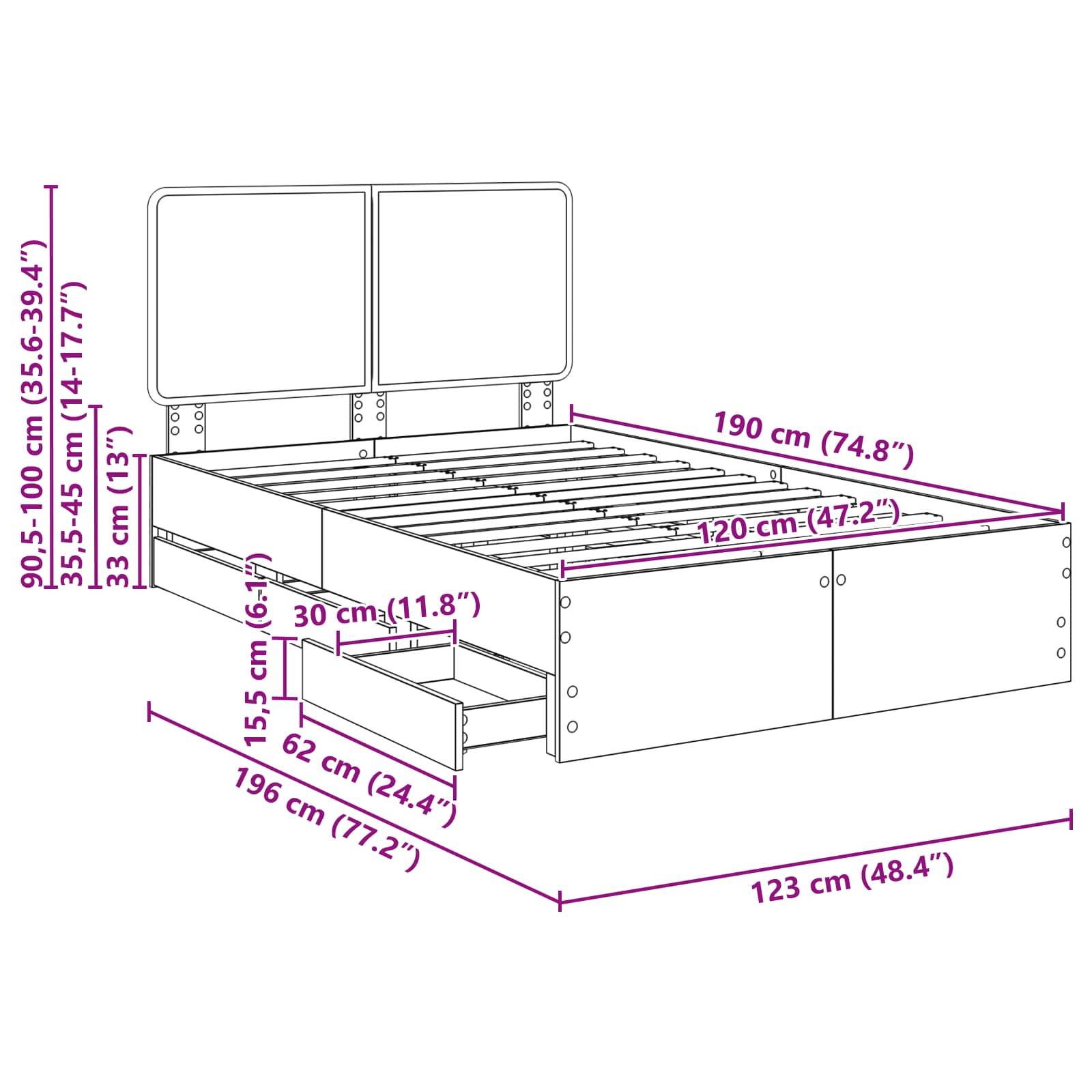 Diagramm eines Bettgestells mit Maßen: Gesamtlänge 196 cm, Breite 123 cm, Kopfteilhöhe 95-100 cm. Ausgestattet mit vier Aufbewahrungsschubladen.