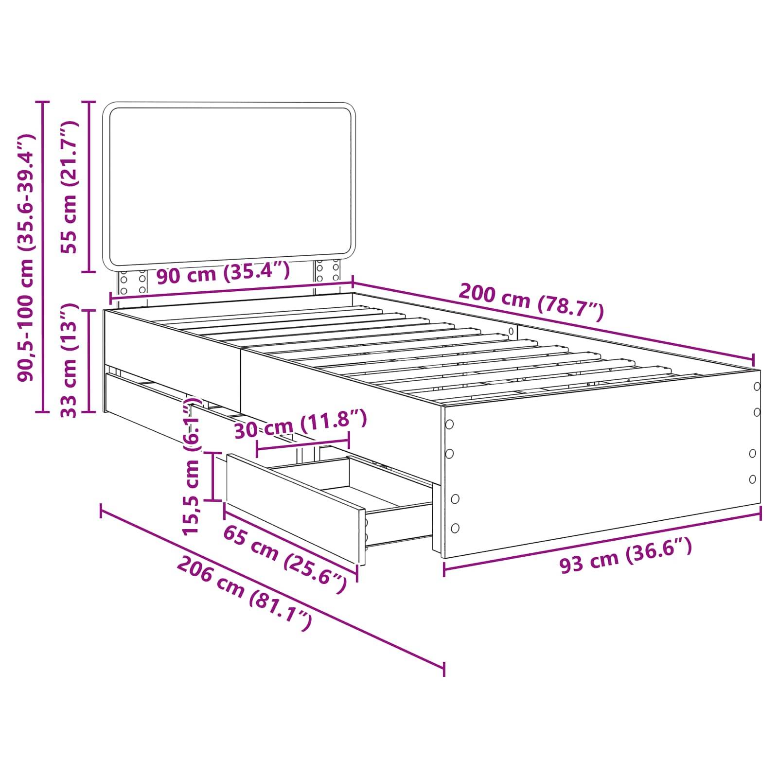 Illustration eines Bettgestells mit Spiegelkopfteil. Maße: 206 cm Länge, 93 cm Breite, verstellbare Höhe 90,5-100 cm.