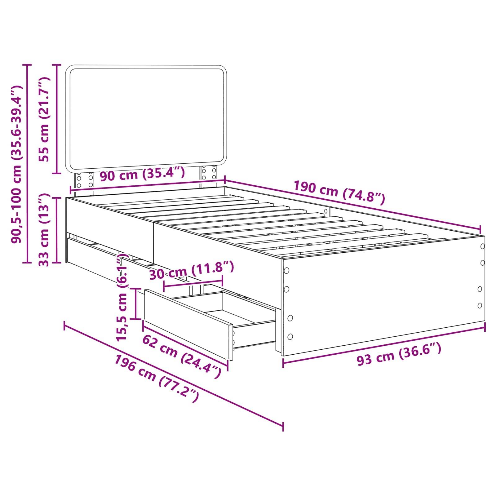 Illustration eines Bettgestells mit Maßen: 190 cm Länge, 93 cm Breite, 90-100 cm Höhe. Merkmale: Staurageschubladen, detaillierte Maßangaben.