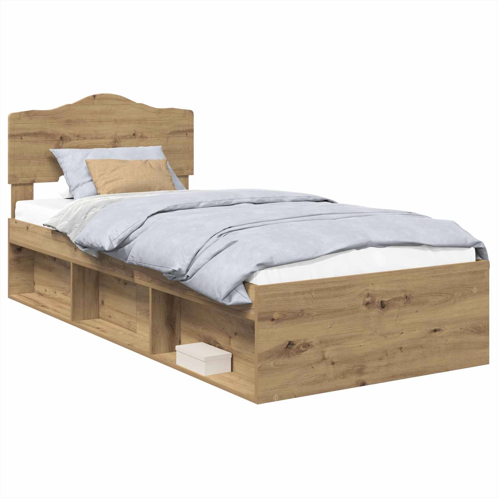 Ein Holzbettgestell mit Kopfteil, blauer Bettwäsche und zwei Kissen. Die Basis verfügt über Ablagefächer mit einer sichtbaren weißen Box.