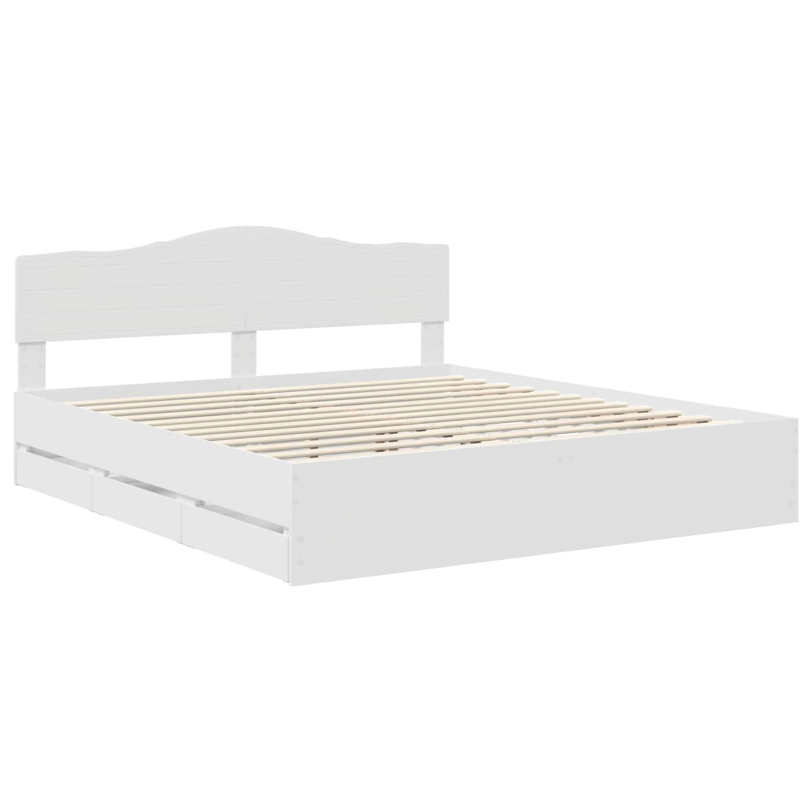 Weißer Holz-Königinnenbettrahmen mit Lattenrost und Kopfteil, aus einem Winkel betrachtet. Keine Matratze im Lieferumfang enthalten.