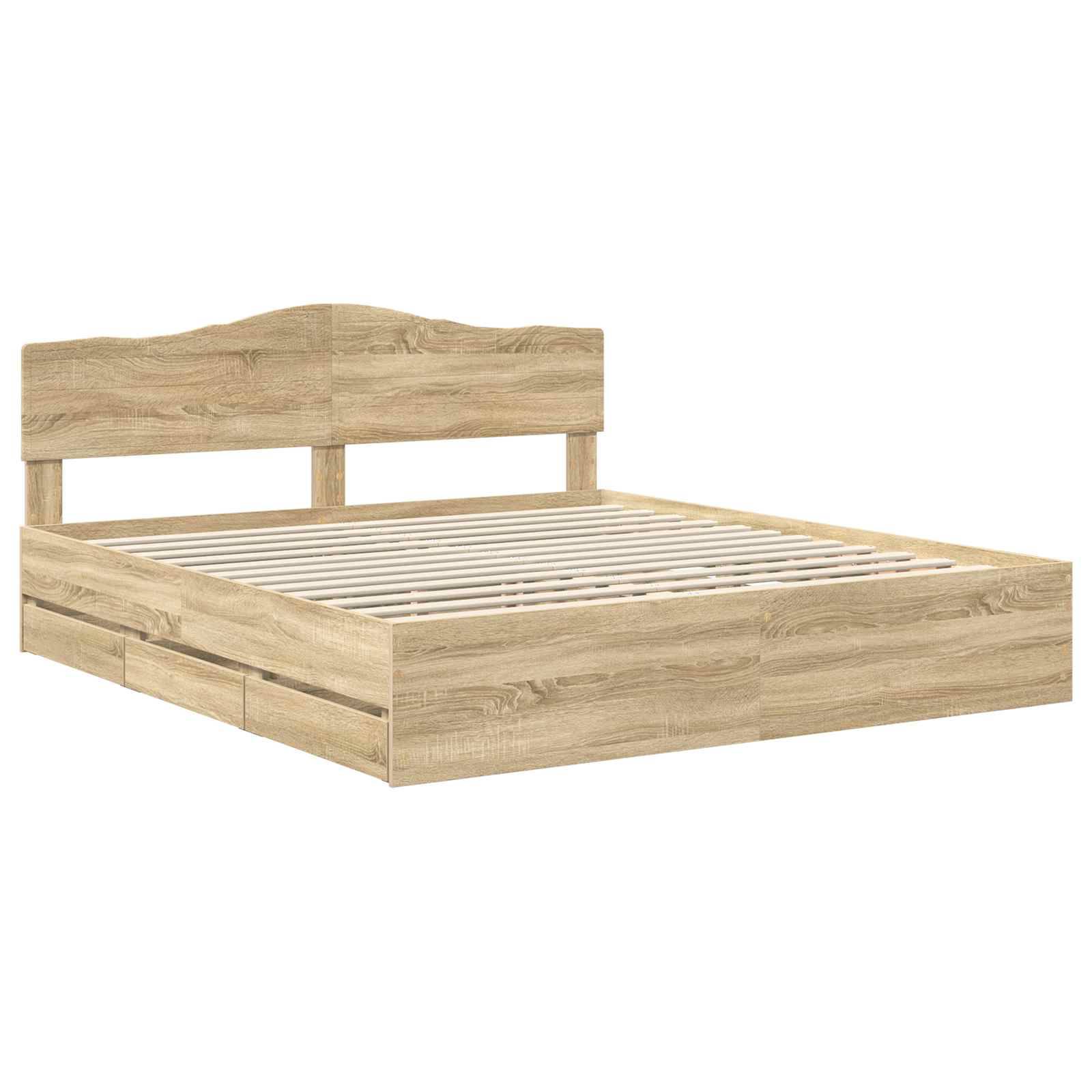 Ein Holzbettgestell mit hohem Kopfteil und Lattenrost, das mit einer hellen Eichenoberfläche und einem schlichten, rustikalen Design versehen ist.