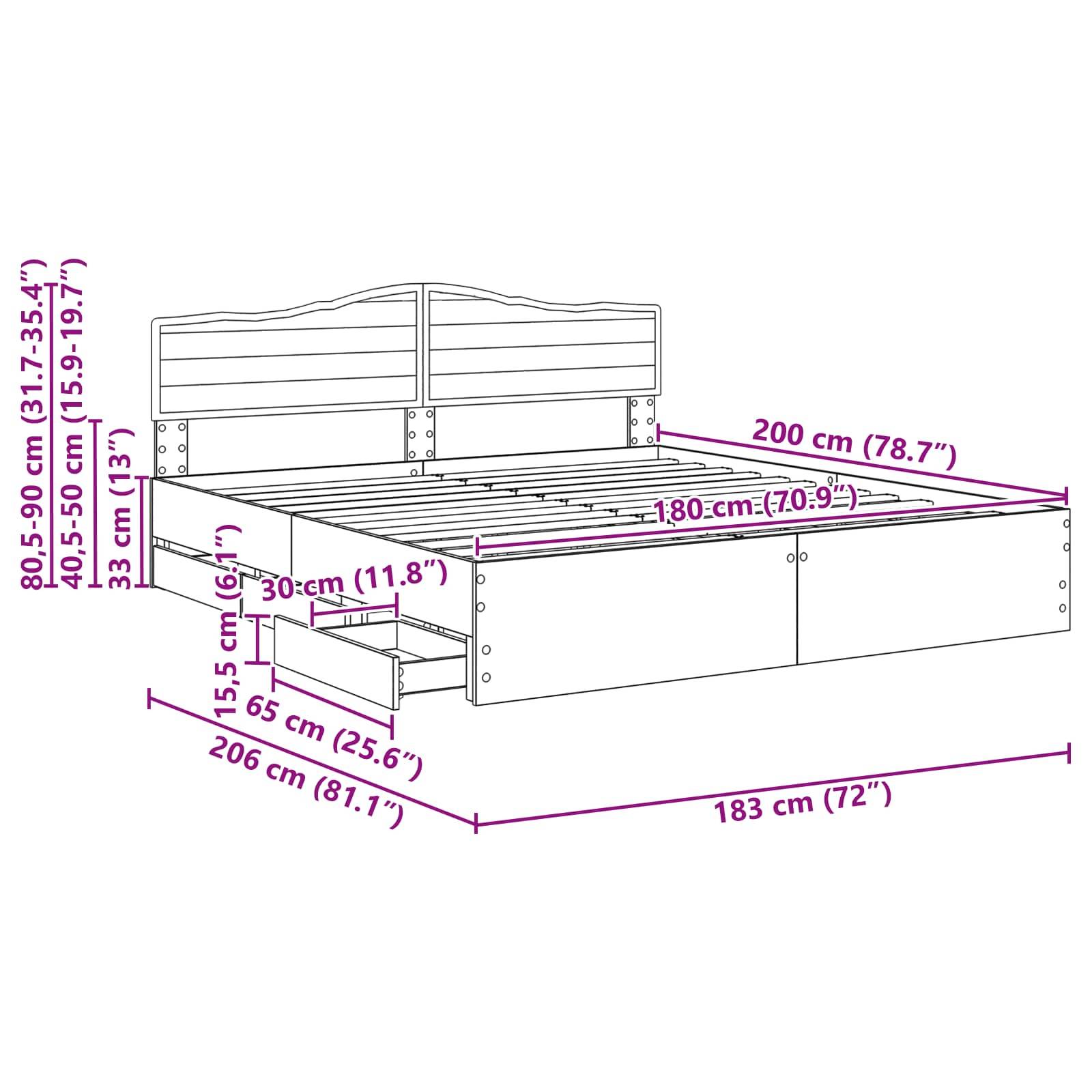 Diagramm eines Bettes mit Maßen: Höhe 80-90 cm, Tiefe 206 cm, Breite 183 cm. Merkmale umfassen Staurageschubladen am unteren Ende.