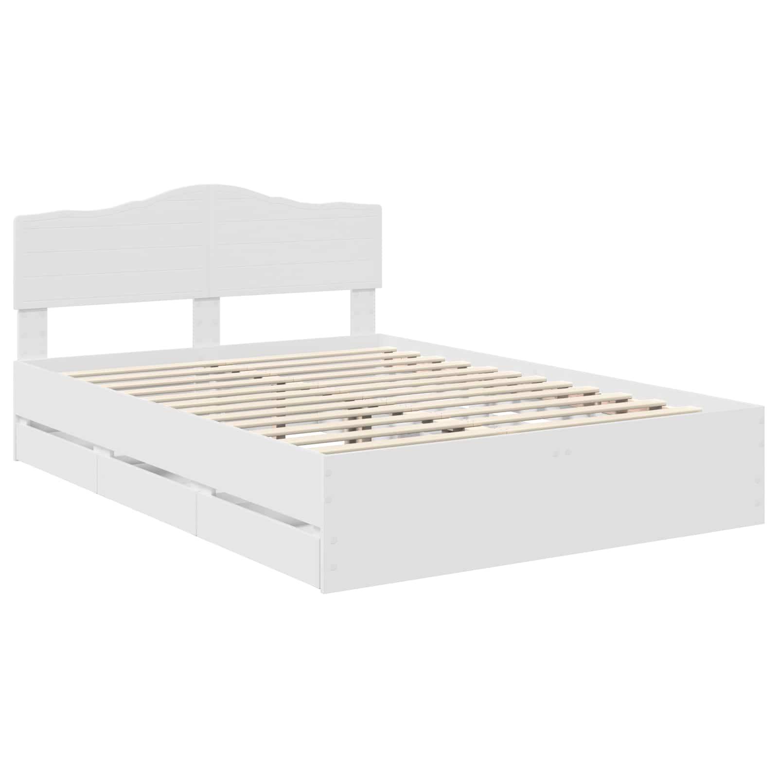 Ein weißer Holzbettrahmen mit Lattenrost und Kopfteil, gestaltet mit zwei Schubladen unter dem Bett zur Aufbewahrung.