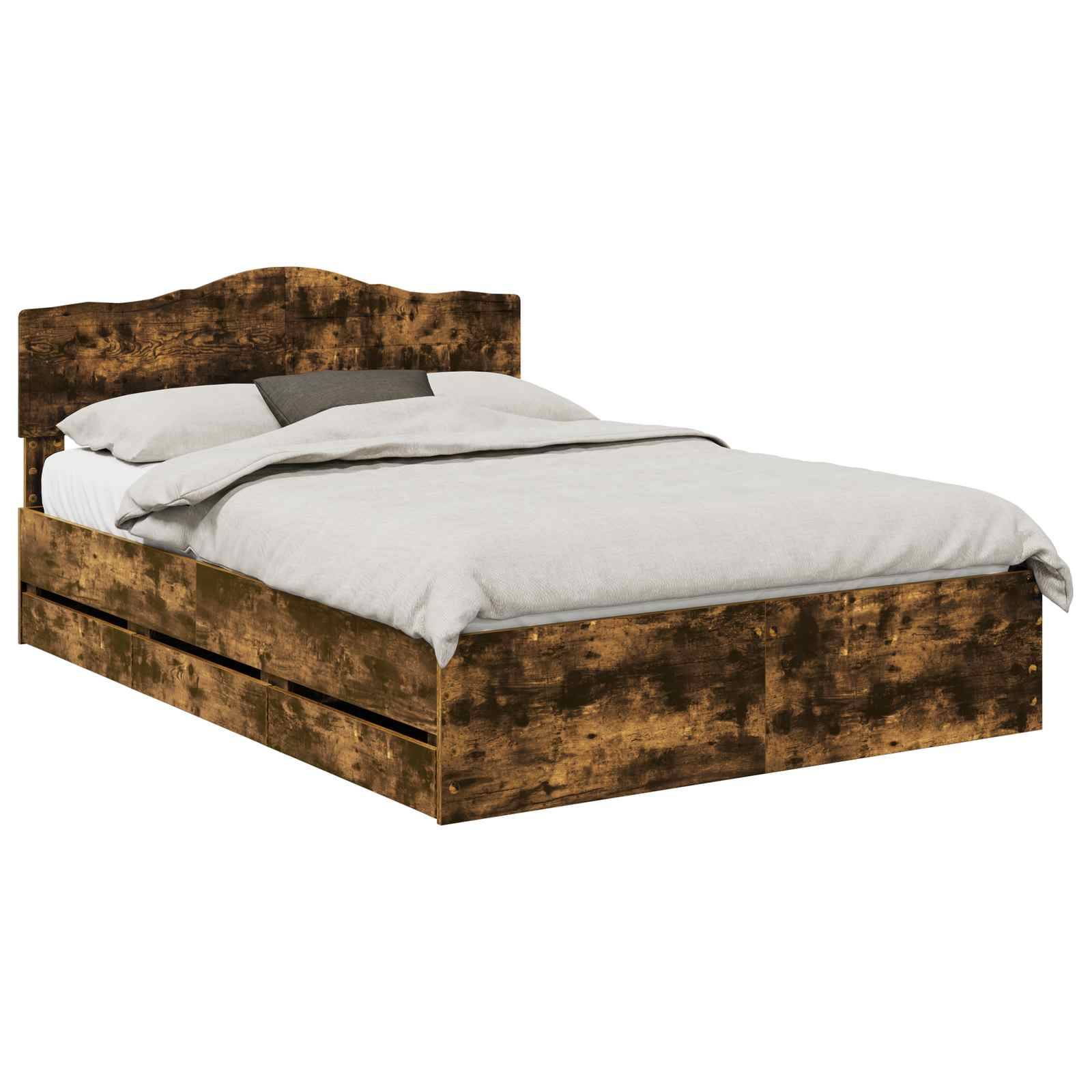 Ein Holz-Doppelbett mit hohem Kopfteil und weißer Bettwäsche, ausgestattet mit zwei geräumigen Aufbewahrungsschubladen darunter.