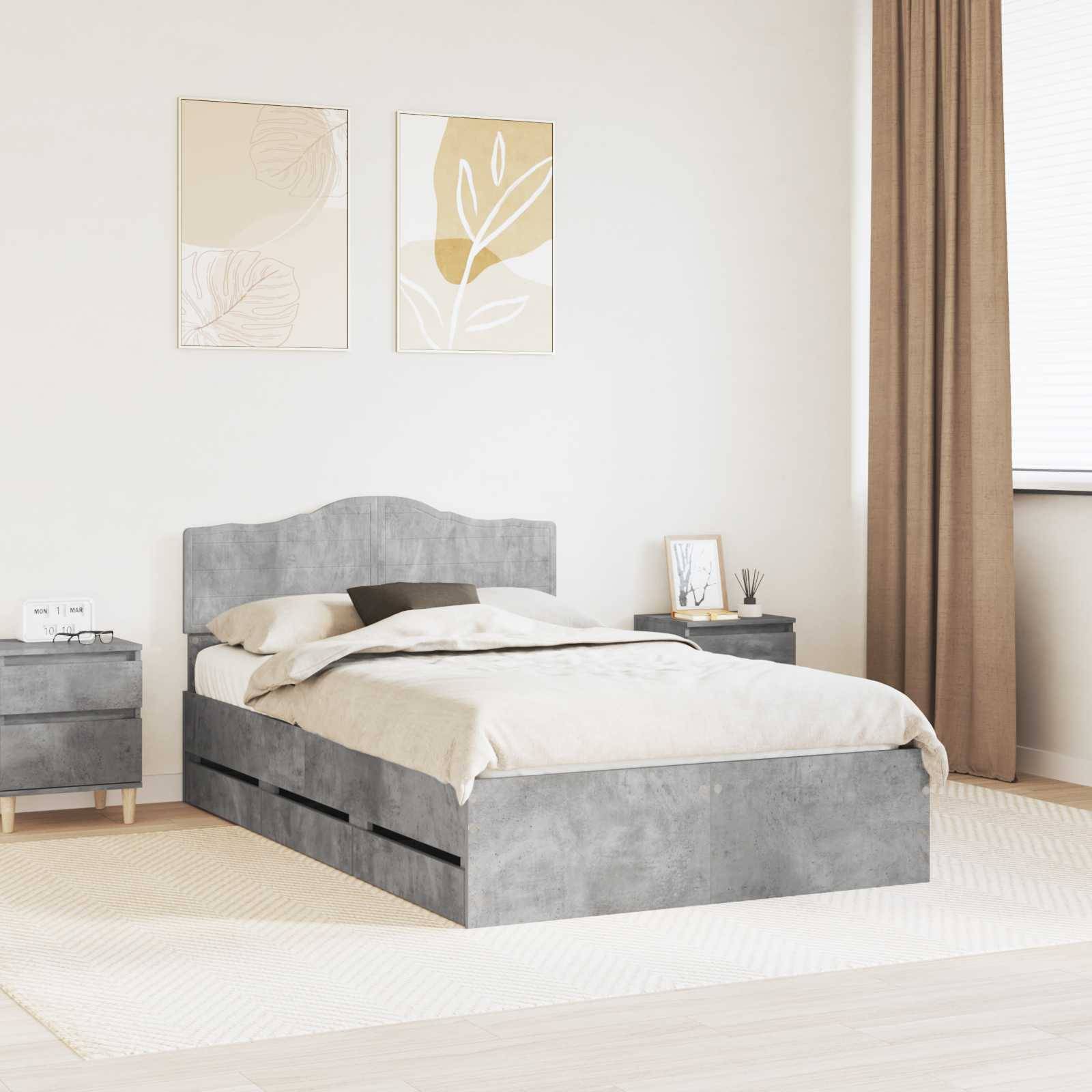vidaXL Bettrahmen mit Kopfteil Beton Grau 135 x 190 cm Ingenieurs Holz