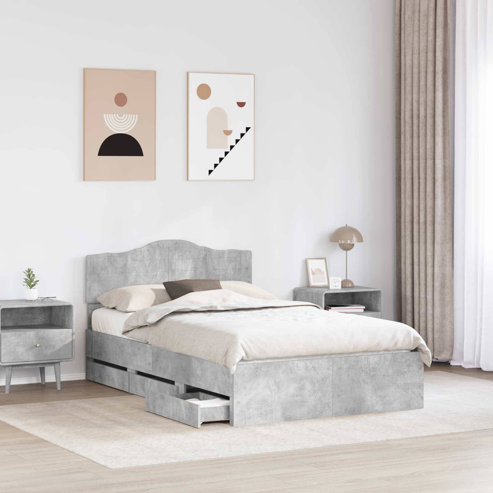 vidaXL Bettrahmen mit Kopfteil Beton Grau 135 x 190 cm Ingenieurs Holz