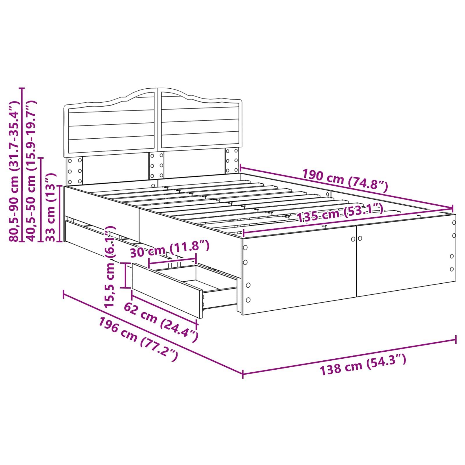 Diagramm eines Bettes mit Stauraum: Länge 190 cm, Breite 138 cm, Höhe 80-90 cm. Enthält Bettkasten mit 30 cm Tiefe.