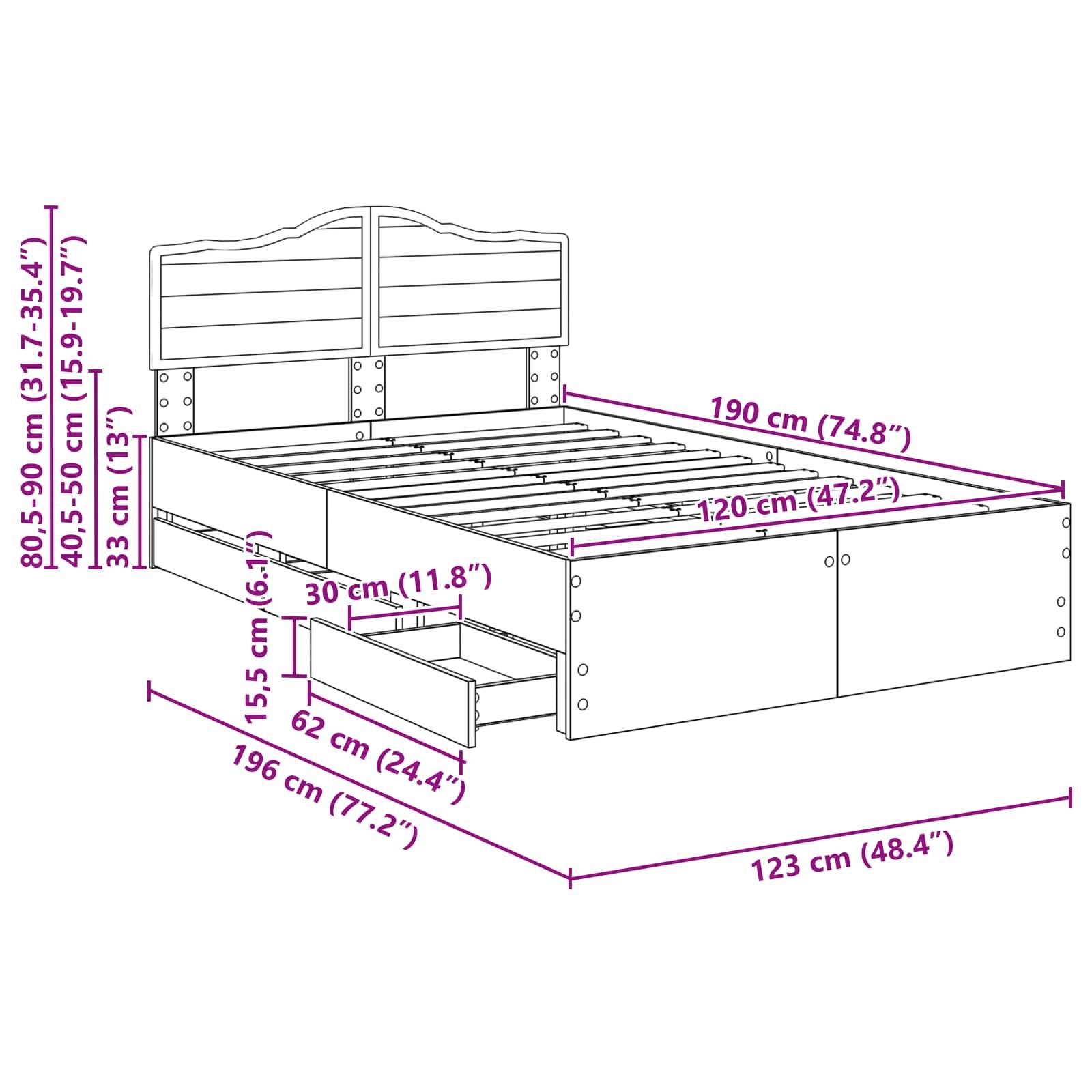 Diagramm eines Holzbettgestells mit Maßen: 190 cm Länge, 123 cm Breite, 80,5-90 cm Kopfbretthöhe, inklusive Stauraum unter dem Bett.