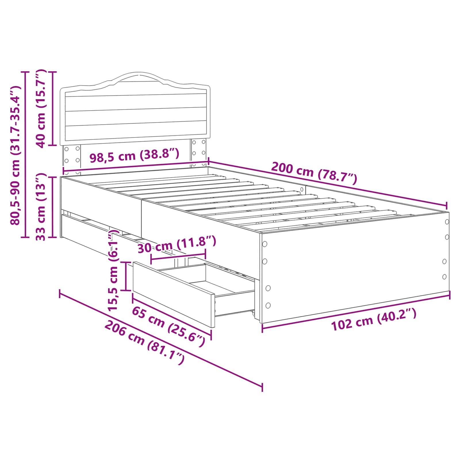 Eine Linienzeichnung eines Bettes mit Maßen: Länge 200 cm, Breite 98,5 cm. Enthält Abmessungen und Höhendetails der Unterbettschublade.
