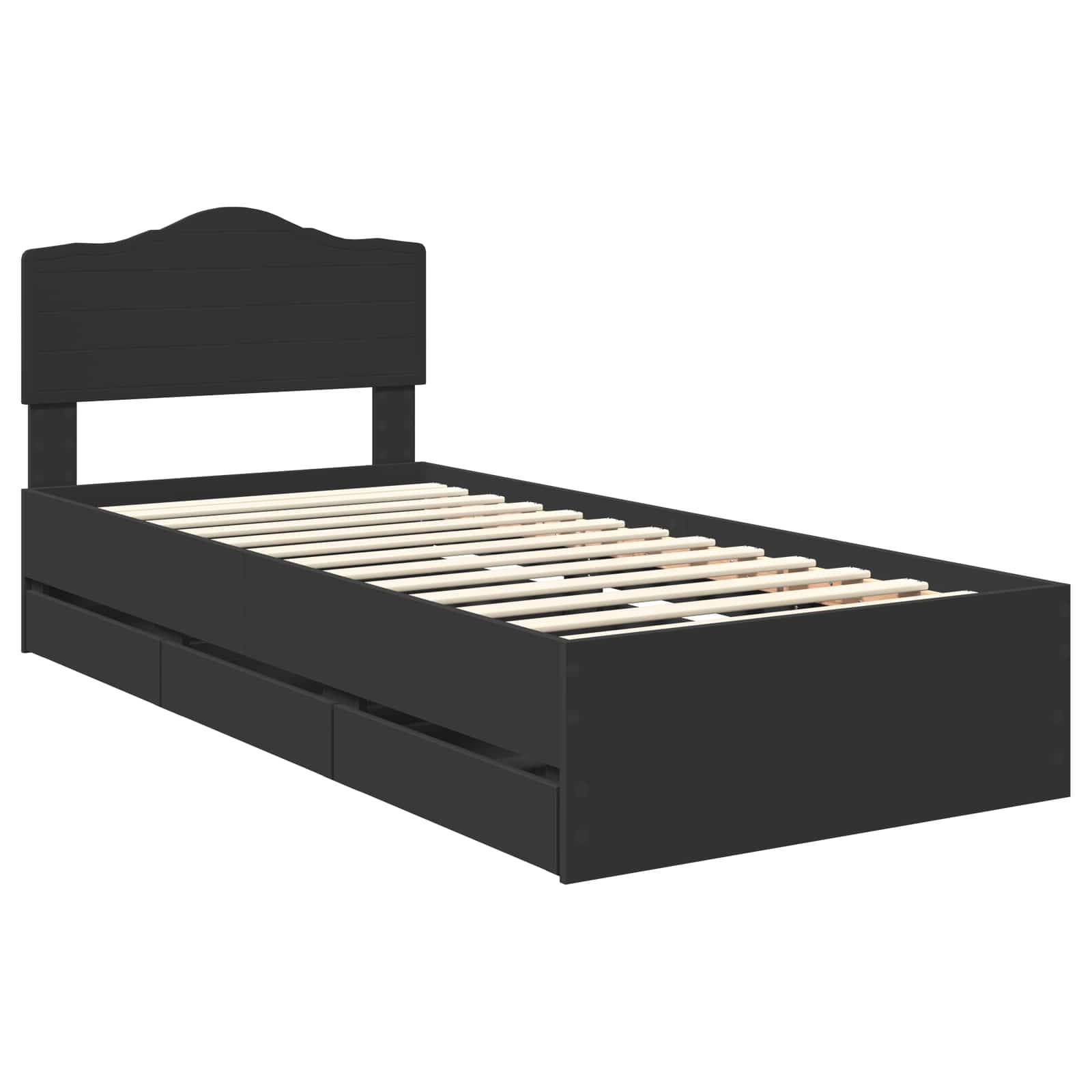 Ein schwarzes Einzelbett mit Kopfteil, ausgestattet mit drei Aufbewahrungsschubladen darunter. Es ist kein Matratze zu sehen.