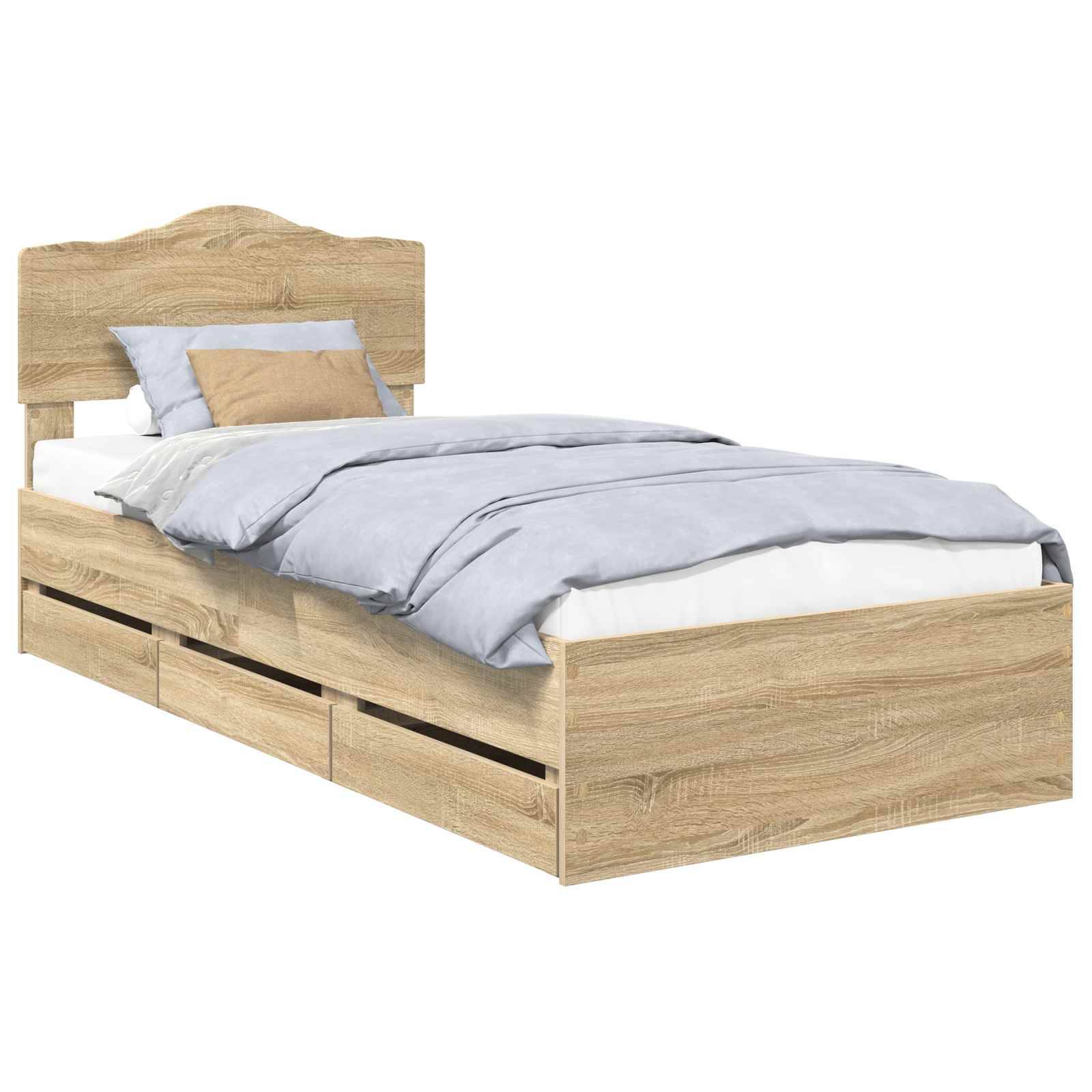 Ein Holzbettgestell mit Kopfteil, das Schubladen darunter aufweist, ist mit hellblauen Laken und Kissen bezogen.