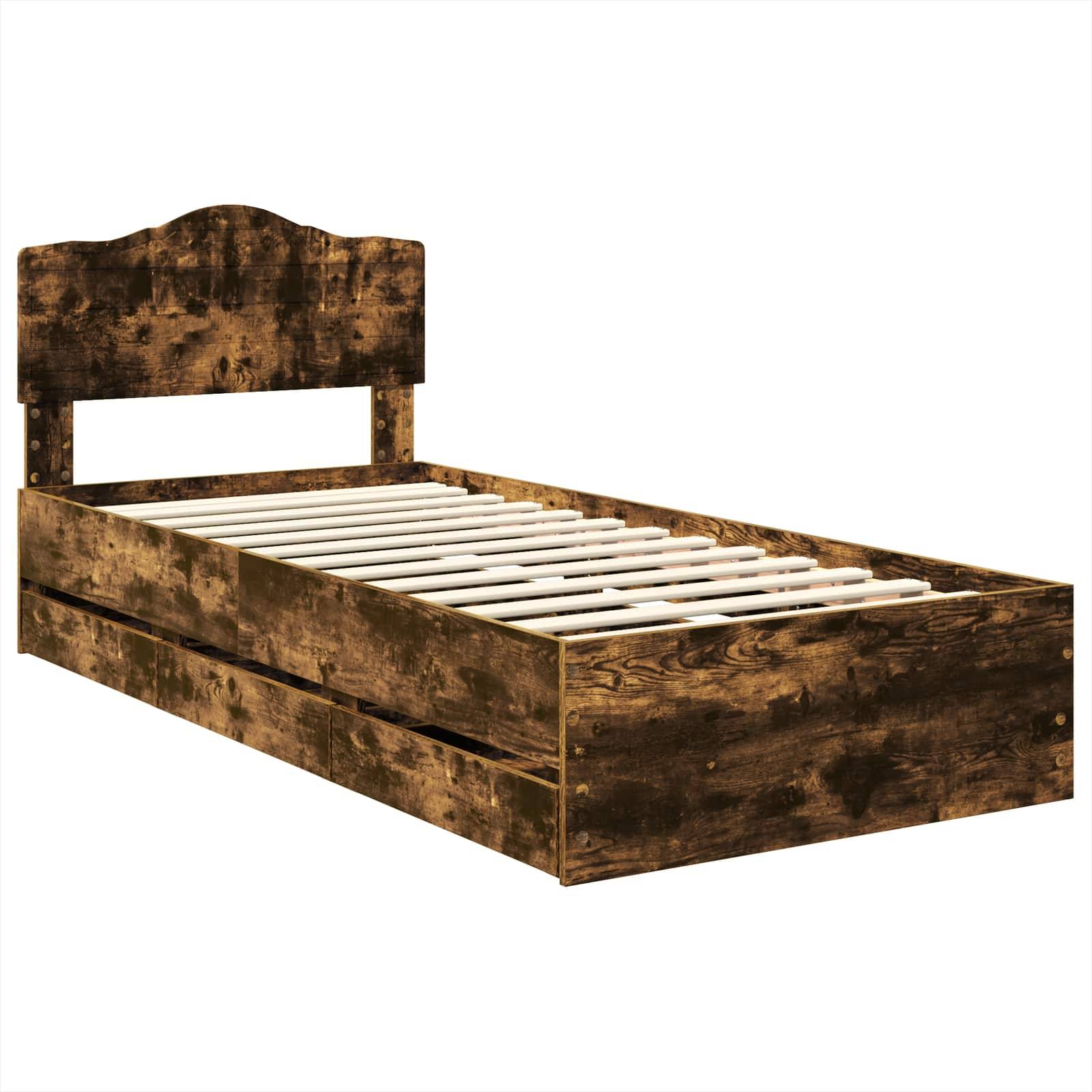 Ein rustikaler Holz-Doppelbett-Rahmen mit Lattenrost und zwei Schubladen darunter zur Aufbewahrung. Der Kopfteil hat eine leicht geschwungene obere Kante.