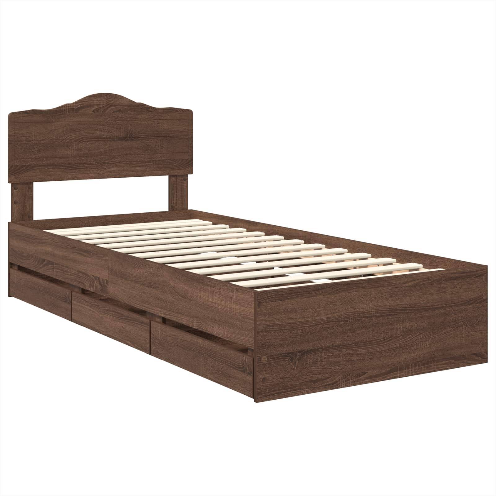 Ein Holz-Einzelbettgestell mit Kopfteil und Schubladen unter dem Bett, ohne Matratze, vor einem schlichten weißen Hintergrund.