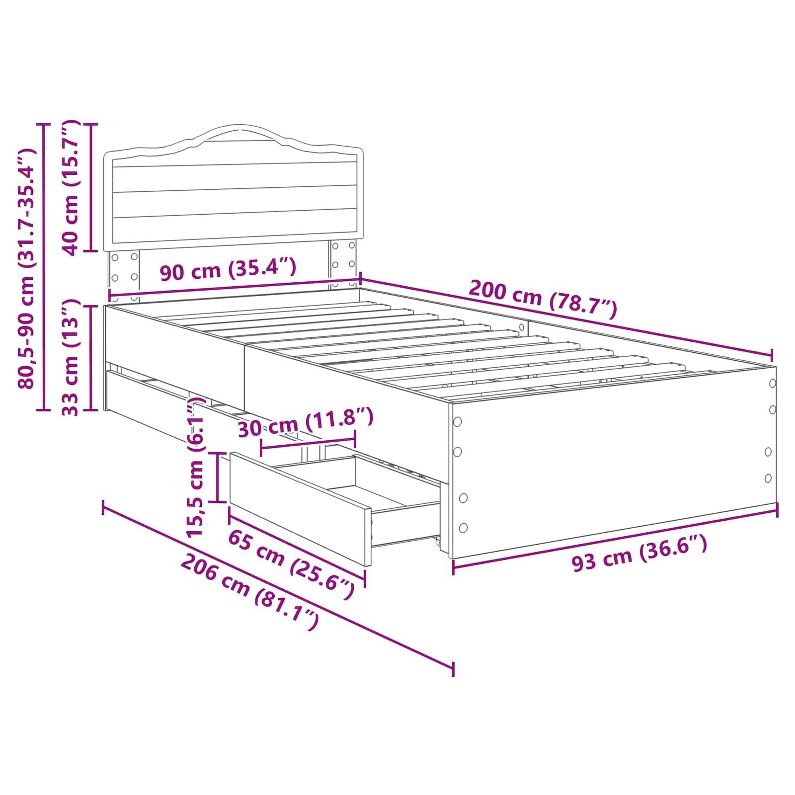 Linienzeichnung eines Bettes mit Maßen: 200 cm Länge, 93 cm Breite, 80,5-90 cm Höhe. Enthält Unterbettschubladen: 65 cm Breite, 30 cm Tiefe.