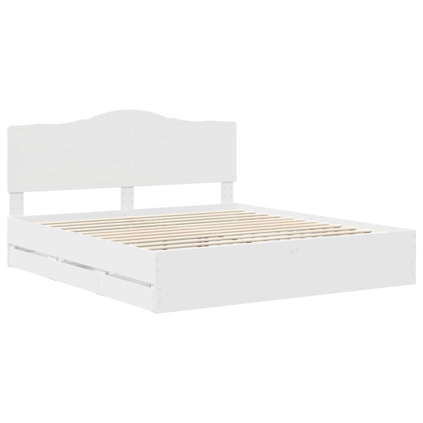 Ein weißer Holzbettrahmen mit einem schlichten Kopfteil und einer Lattenrost-Basis, konzipiert zur Unterstützung einer Matratze ohne Boxspring.