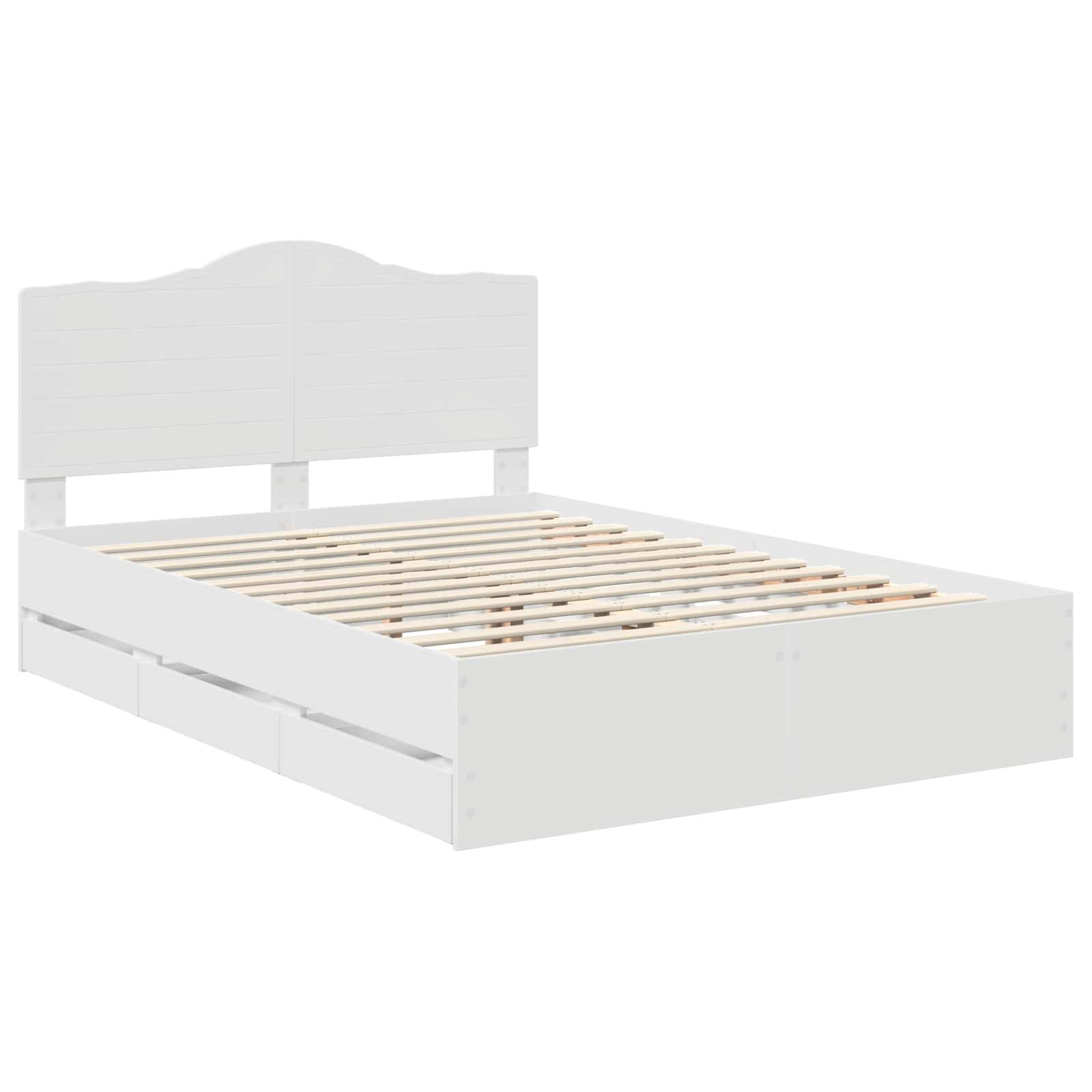 Weißer Holzbettrahmen mit Kopfteil, ausgestattet mit Latten und ohne Matratze. Schlichtes und minimalistisches Design, passend für ein modernes Schlafzimmer.