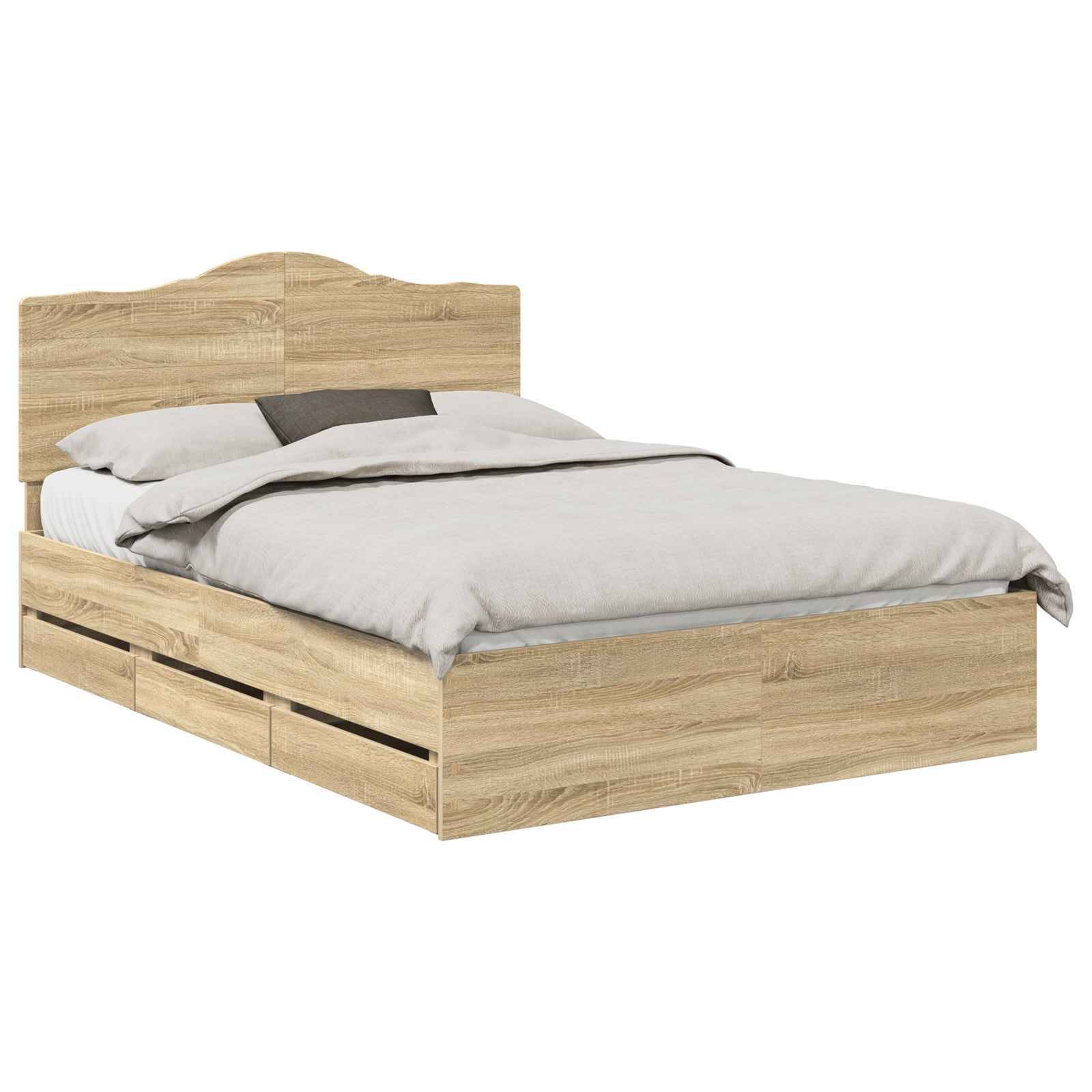Ein Holzbettgestell mit Kopfteil, das einen hellen Holzton aufweist. Das Bett ist mit neutralfarbener Bettwäsche und Kissen bezogen.