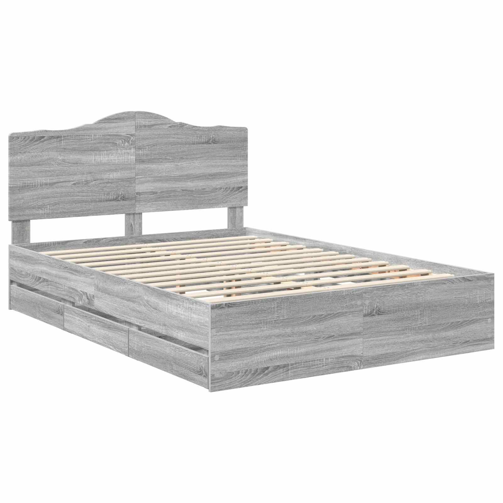 Ein Holzlattenbettgestell mit einem hohen, rechteckigen Kopfteil in grauer Ausführung. Der Rahmen ist modern und minimalistisch gestaltet.