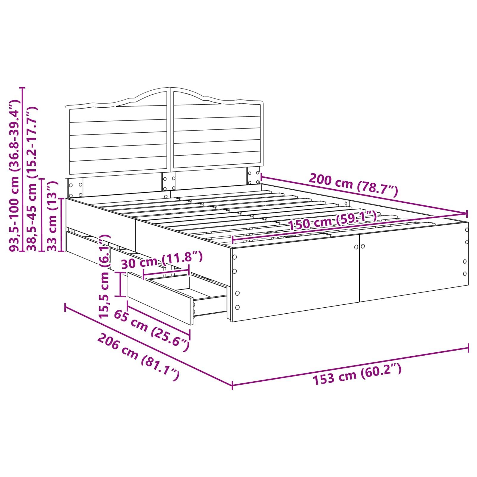 Diagramm eines Bettgestells mit Maßangaben in Zentimetern und Zoll, mit Staurageschubladen darunter. Hauptabmessungen: 200 cm (Länge), 153 cm (Breite).