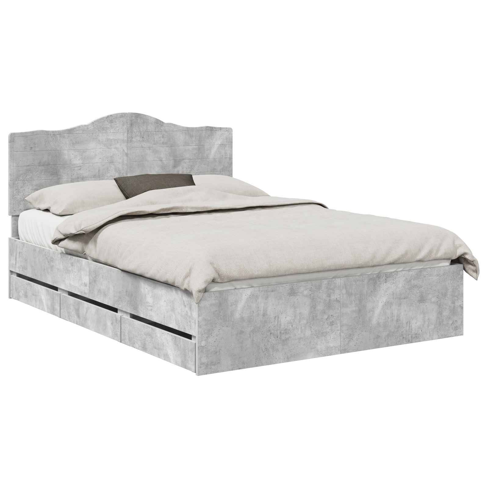 Ein graues, strukturiertes Einzelbett mit hohem Kopfteil, ordentlich bezogen mit cremefarbener Bettwäsche und einem schwarzen Kissen, vor einem schlichten weißen Hintergrund.