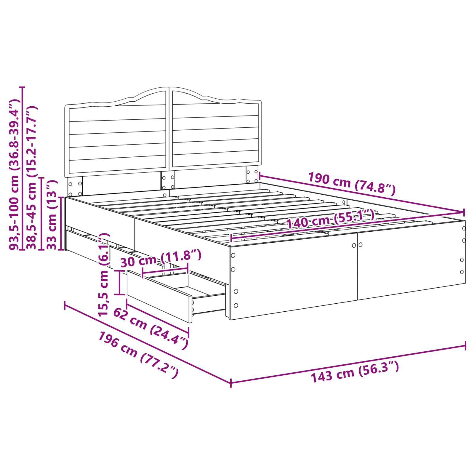 Diagramm eines Bettgestells mit Maßen: 190 cm (Länge), 143 cm (Breite), 35-100 cm (Höhe). Merkmale umfassen Aufbewahrungsschubladen.