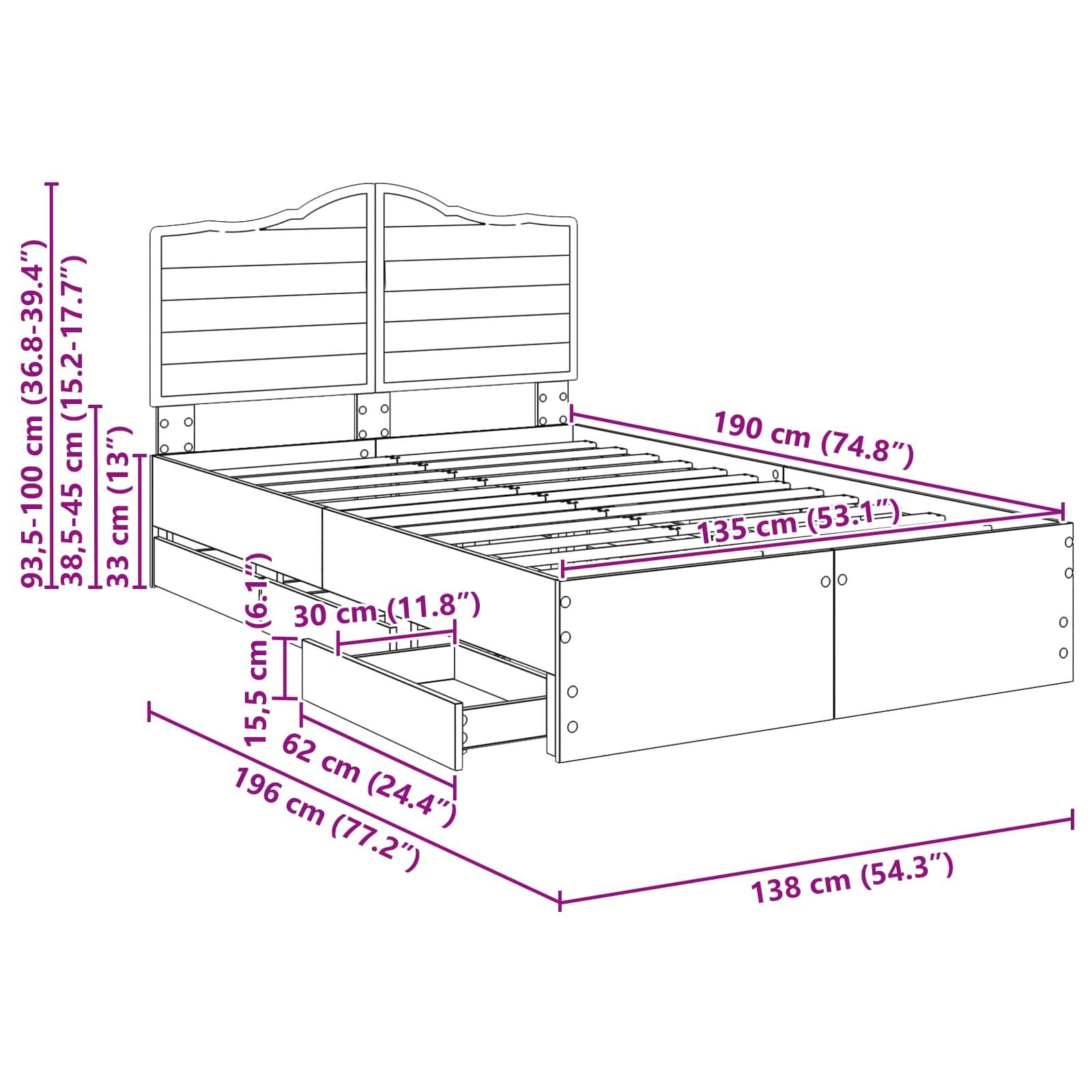 Bettmontage-Diagramm mit Abmessungen: Breite 138 cm, Länge 190 cm, Höhe 95-100 cm. Merkmale umfassen Lattenrostkopfteil, Schubladen darunter.