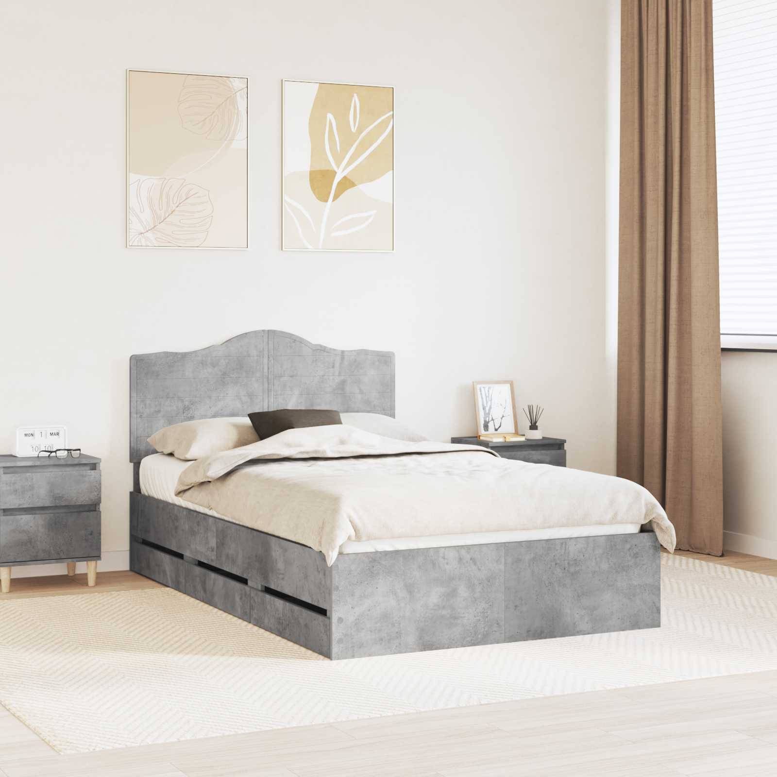 vidaXL Bettrahmen mit Kopfteil Betongrau 135 x 190 cm Ingenieurs Holz