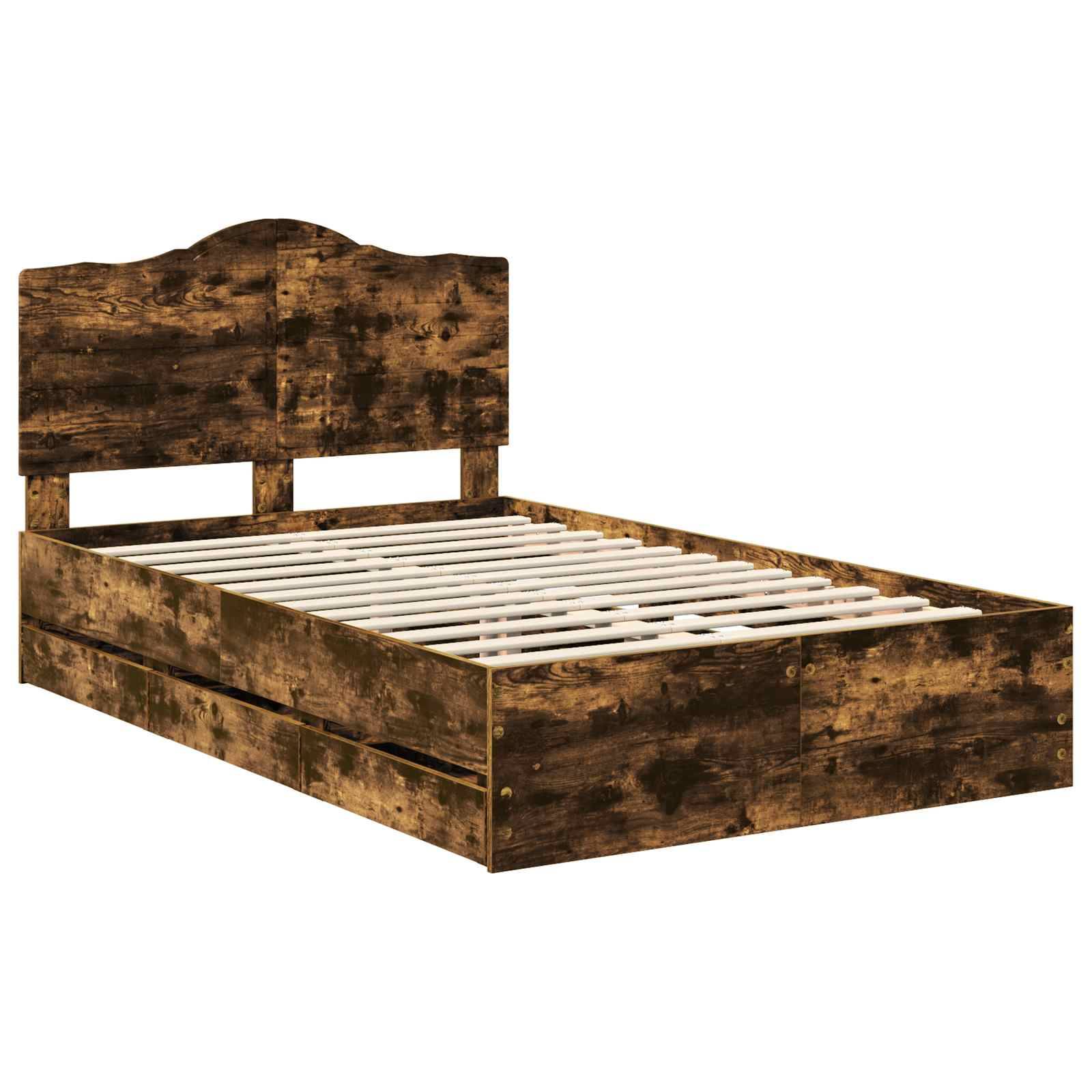 Ein rustikaler Holzbettrahmen mit Kopfteil und Lattenboden, konzipiert für eine Queen-Size-Matratze.