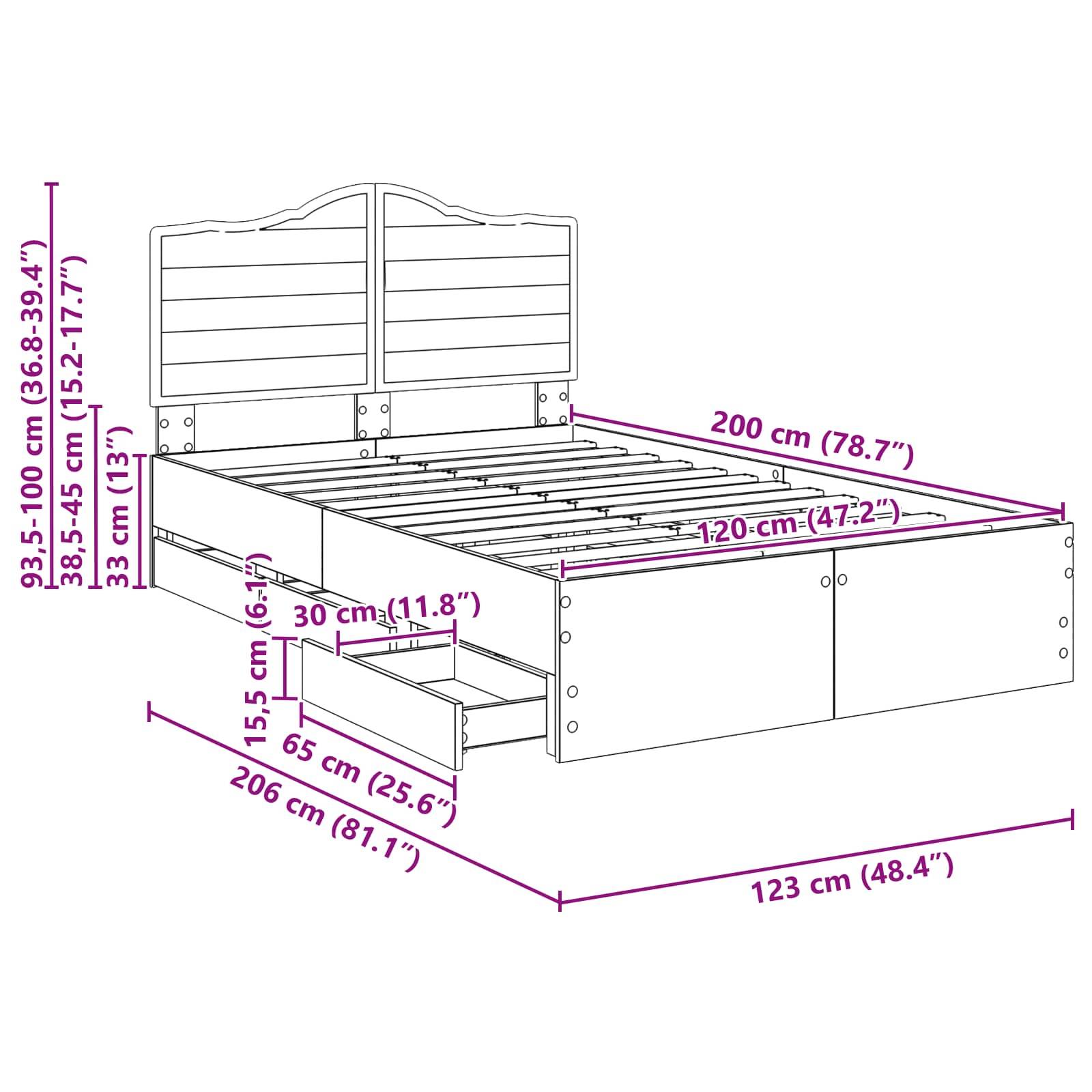 Diagramm eines Bettgestells mit Maßen: Länge 205 cm, Breite 123 cm, Höhe des Kopfteils 93-100 cm, Tiefe des Bettkasten-Stauraums 65 cm.