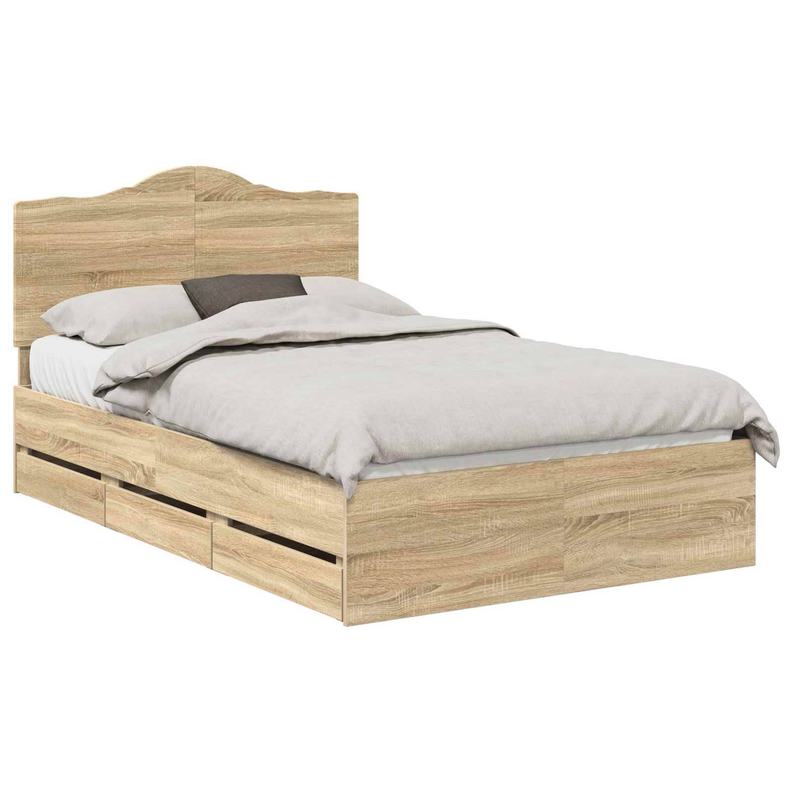 Holzbett mit Kopfteil, helle Holzausführung, mit Bettkasten-Schubladen. Das Bett ist mit weißer Bettwäsche und grauem Kissen bezogen.