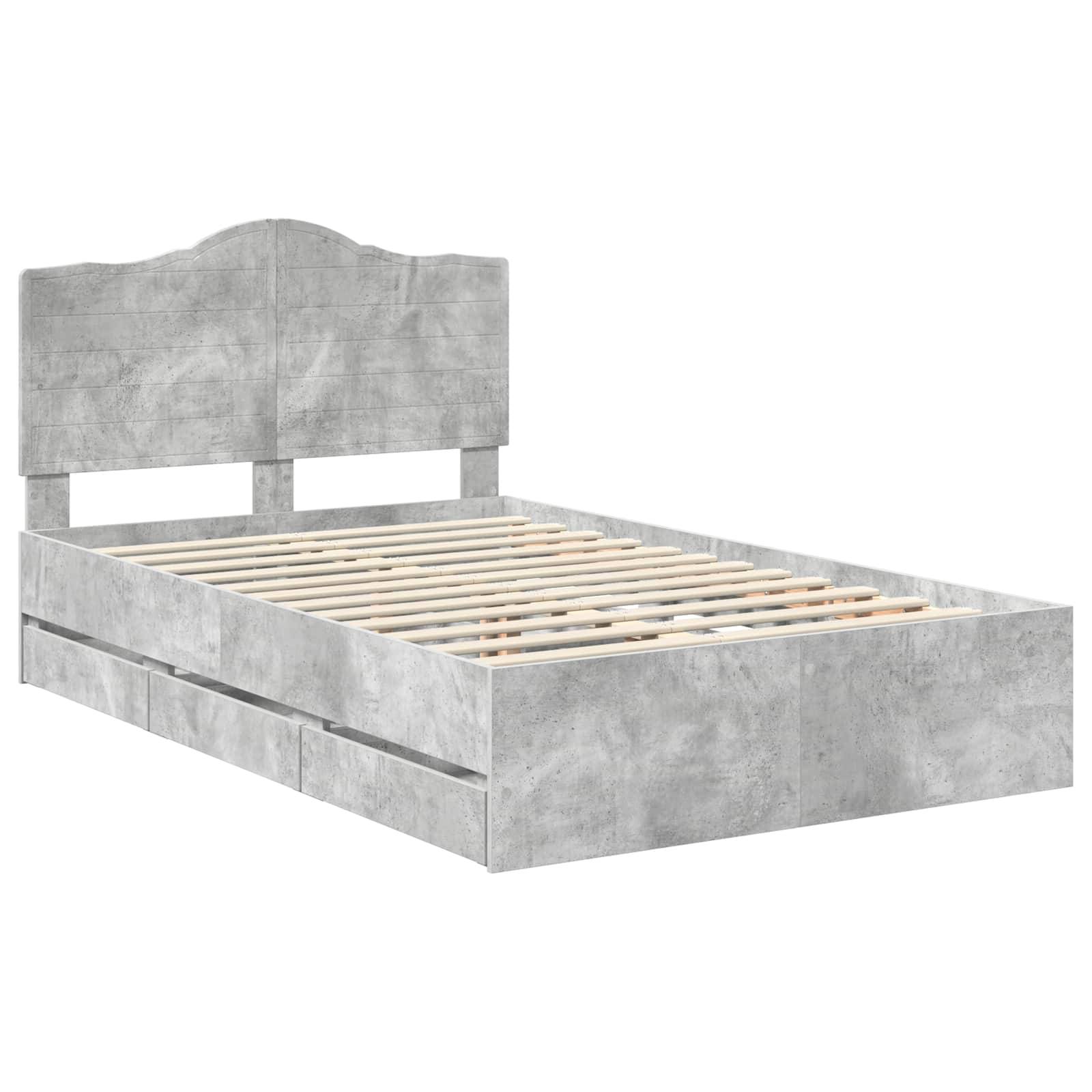 Ein hellgrauer Holzbettrahmen mit hohem Kopfteil und Lattenrost, der ein minimalistisches Design und robuste Konstruktion aufweist.