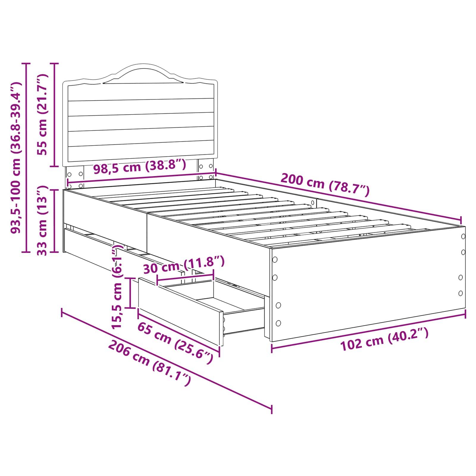 Bettmaße-Diagramm mit Höhe 93,5-100 cm, Breite 98,5 cm, Länge 200 cm. Schubladen-Tiefe 65 cm, Breite 30 cm.