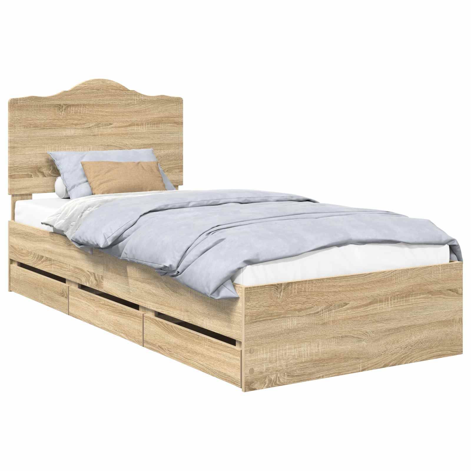 Ein Holzbett mit heller Holzoberfläche verfügt über einen geschwungenen Kopfteil und vier Staurageschubladen darunter. Es ist mit hellblauer Bettwäsche und zwei Kissen bezogen.