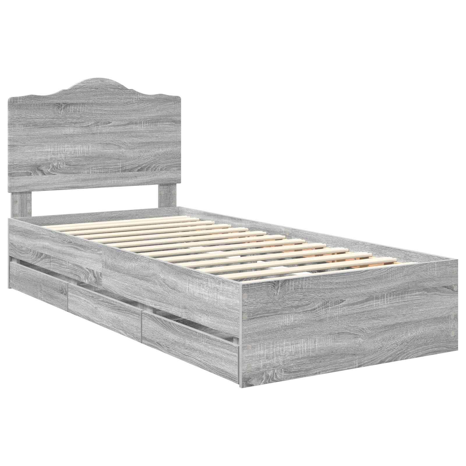 Ein einzelner Holzbettrahmen mit Lattenrost und dekorativem Kopfteil, gestaltet in einer hellen Holzgrau-Optik.