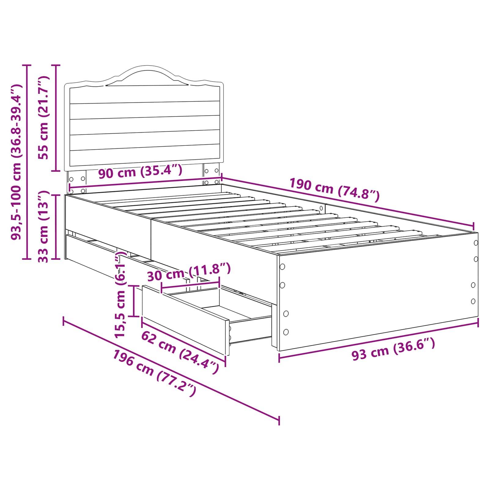 Kinderbett aus Holz mit Maßen: Höhe 93,5 bis 100 cm, Breite 95 cm, Länge 196 cm. Inklusive Schubladen: 30 cm breit, 62 cm tief.