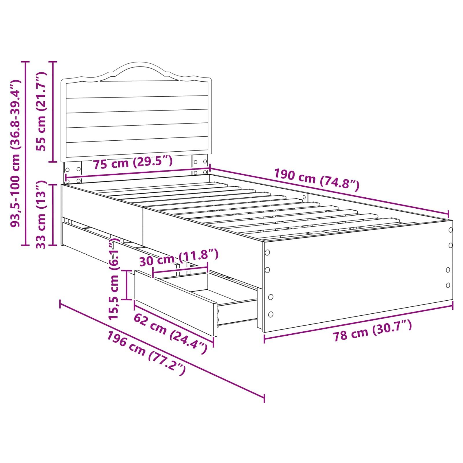 Bettmaße: 190 cm Länge, 78 cm Breite, 33 cm Höhe. Ausgestattet mit 75 cm hohem Kopfteil, zwei Schubladen (62 cm Breite) an einer Seite.