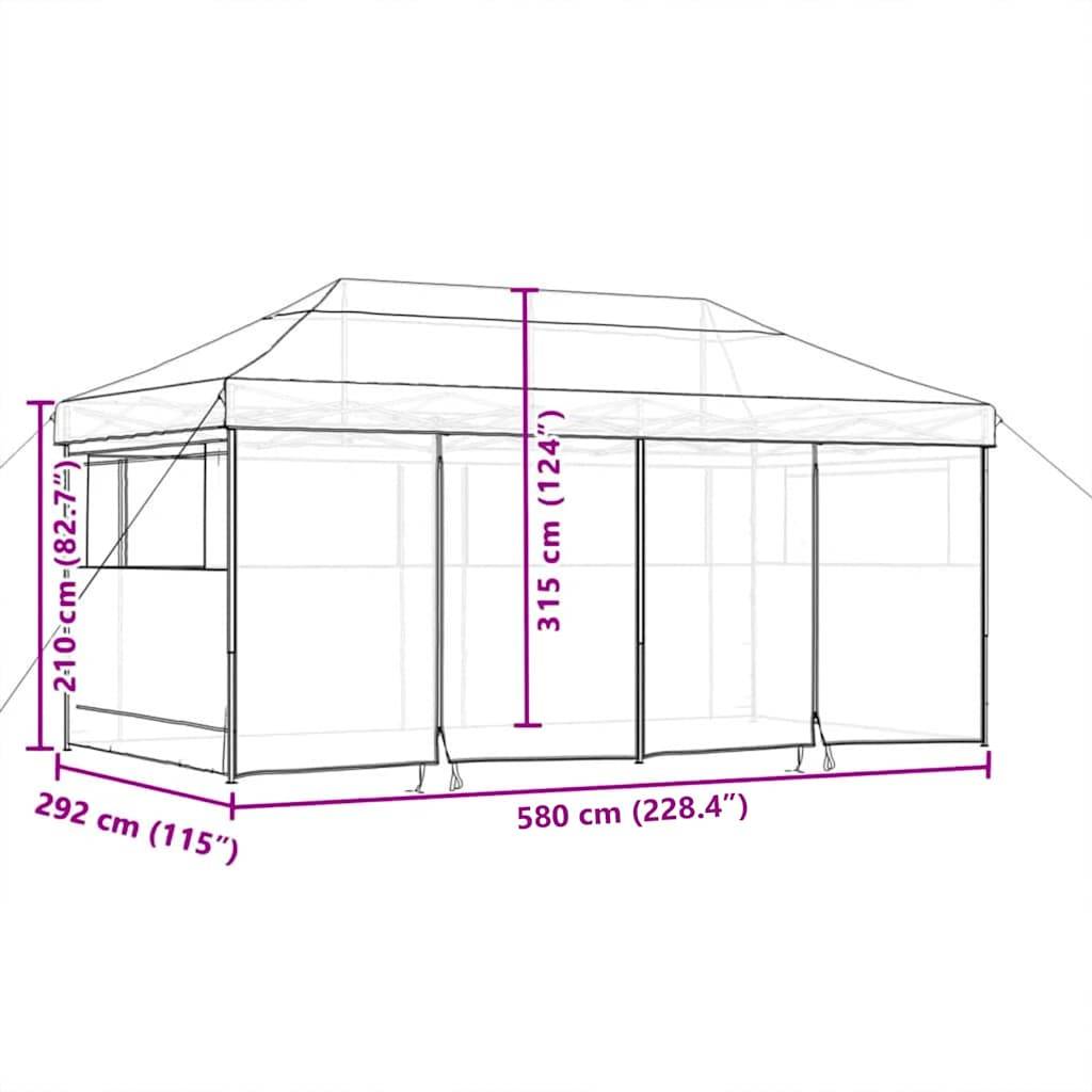 Eine Linienzeichnung eines rechteckigen Zeltes mit beschrifteten Abmessungen: 292 cm (Breite), 580 cm (Länge), 210 cm (Höhe) und Türhöhe 315 cm.