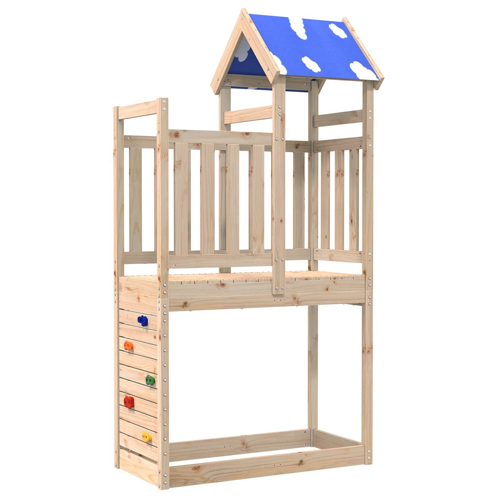 Hochbett aus Holz mit Schutzgeländer, einer Spielhausstil-Oberseite mit blauem Dach und bunten Knöpfen an den Schubladen darunter.