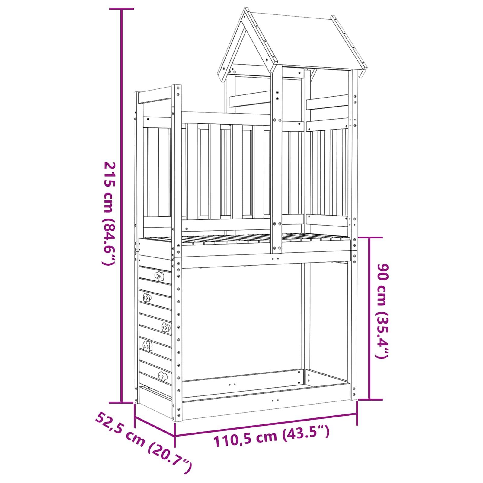 Ein Hochbettrahmen mit einem überdachten Spielbereich oben. Die Abmessungen betragen 215 cm (Höhe), 110,5 cm (Breite), 52,5 cm (Tiefe) und 90 cm (Plattformhöhe).