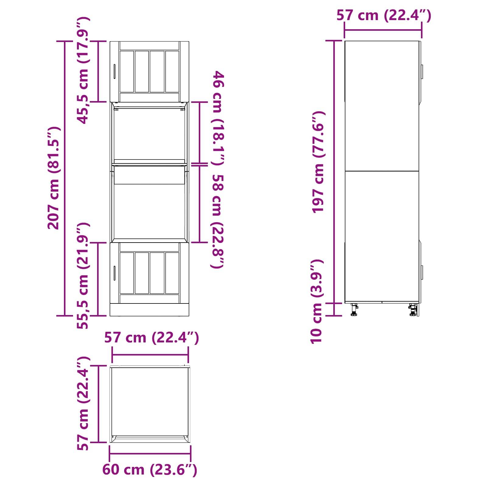 Möbelmontage-Diagramm mit Abmessungen: Höhe 207 cm, Breite 57 cm, Tiefe 60 cm. Schlüsselmessungen sind in Zentimetern beschriftet.