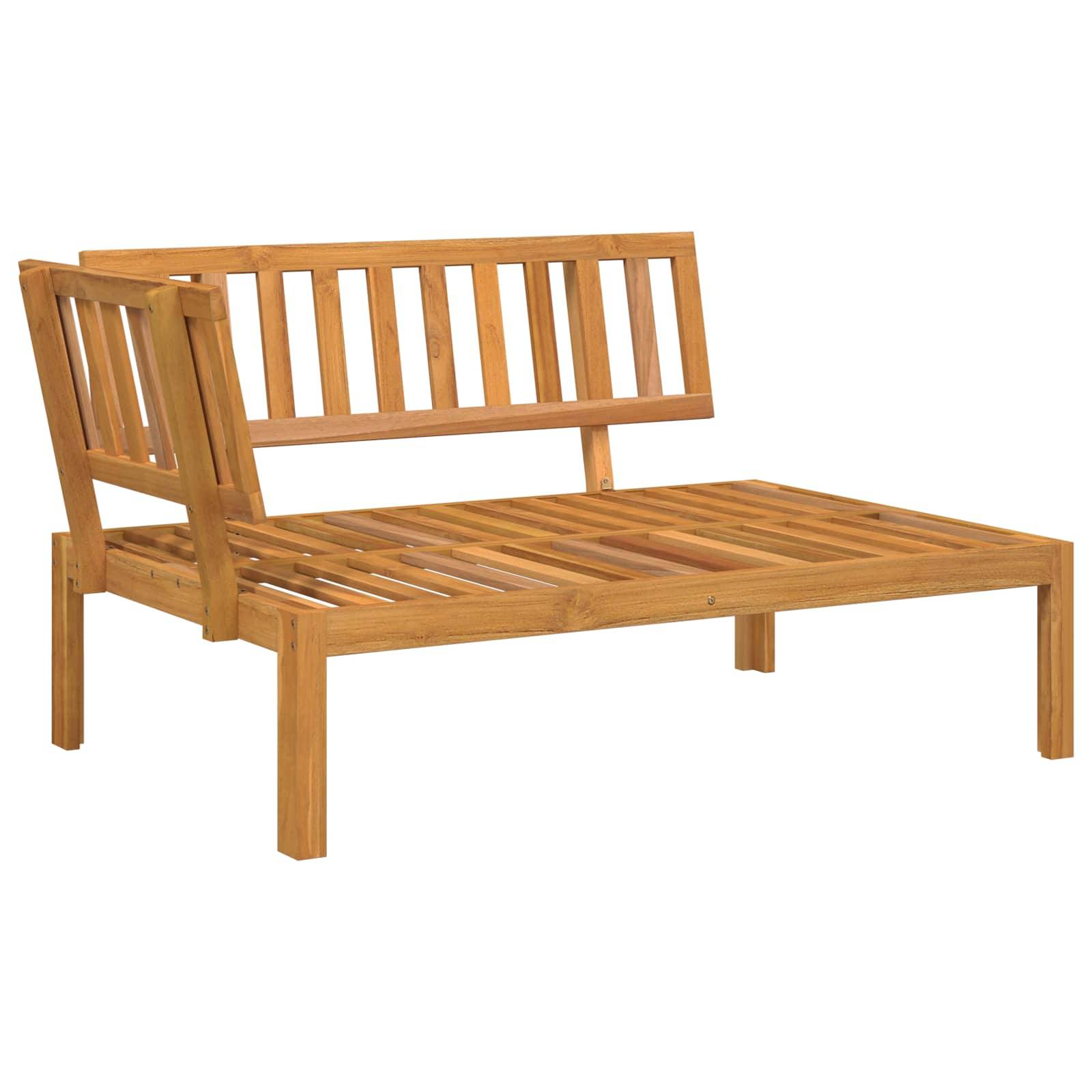 Eine Holzbank für den Außenbereich mit Lamellen-Rückenlehne und Sitzfläche, für zwei Personen konzipiert. Aus hellem Holz gefertigt, ideal für den Gartengebrauch.