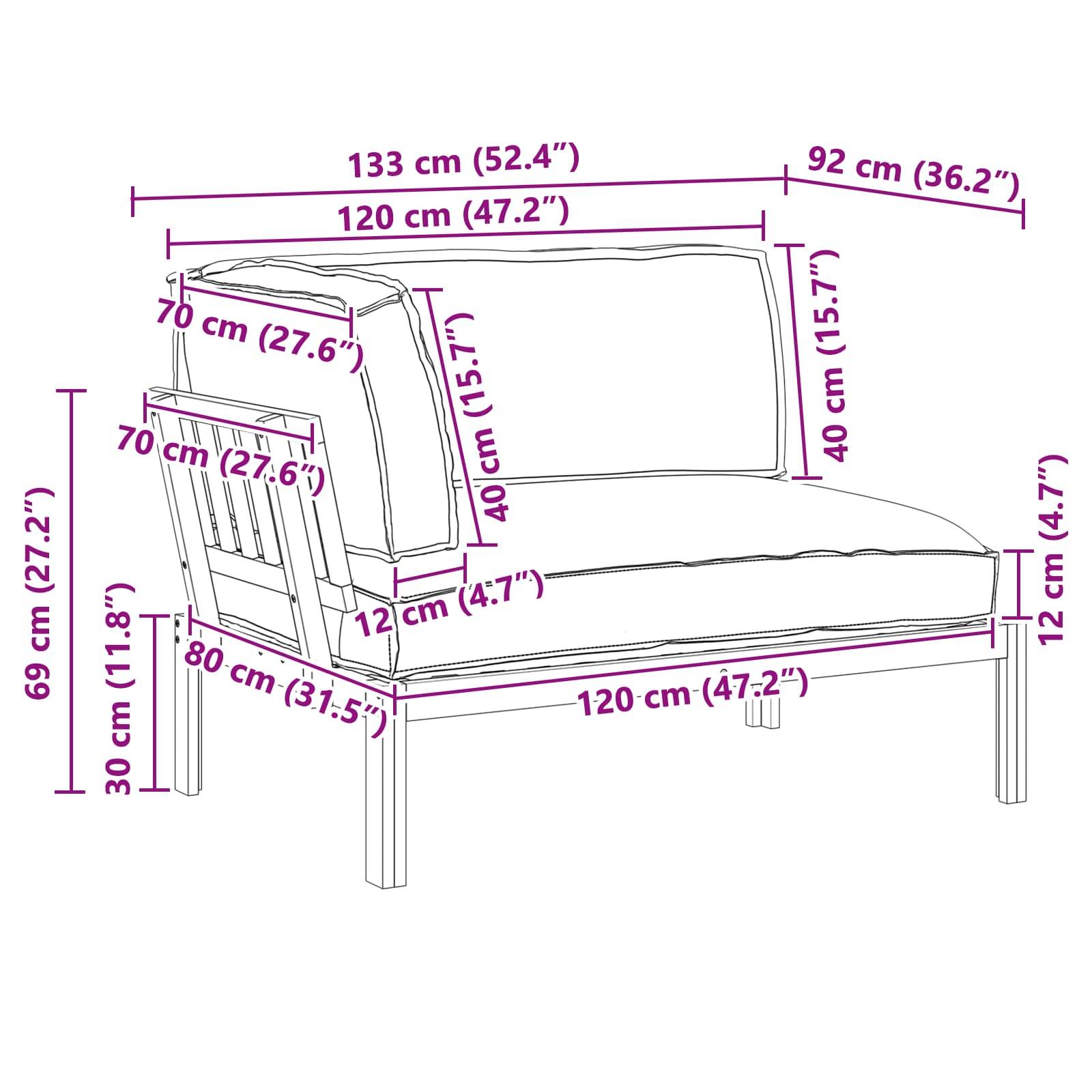 Diagramm eines Sofas mit beschrifteten Maßen: Breite 120 cm (47,2'), Höhe 69 cm (27,2'), Tiefe 92 cm (36,2') und Sitzhöhe 40 cm (15,7').