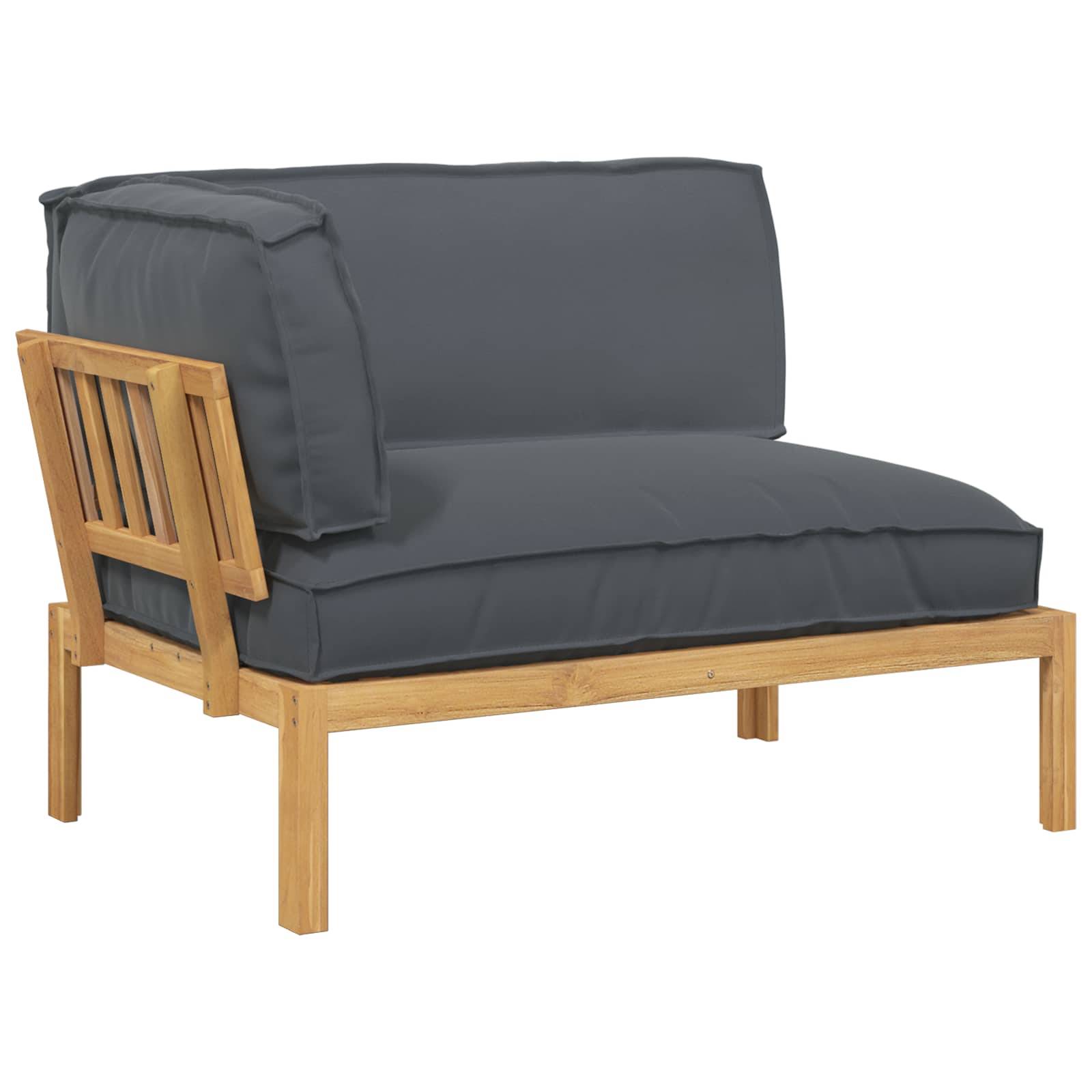 Sofa mit U-Form aus Holzrahmen und gepolsterten Sitzflächen, ausgestattet mit dicken grauen Kissen, ideal zur Entspannung im Freien geeignet.