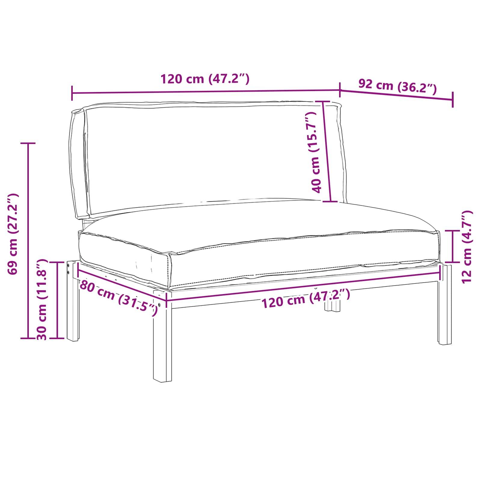 Linienzeichnung eines Sofas mit beschrifteten Abmessungen: Breite 120 cm, Tiefe 80 cm, Höhe 69 cm, Sitzhöhe 40 cm, Rückenlehne 30 cm.