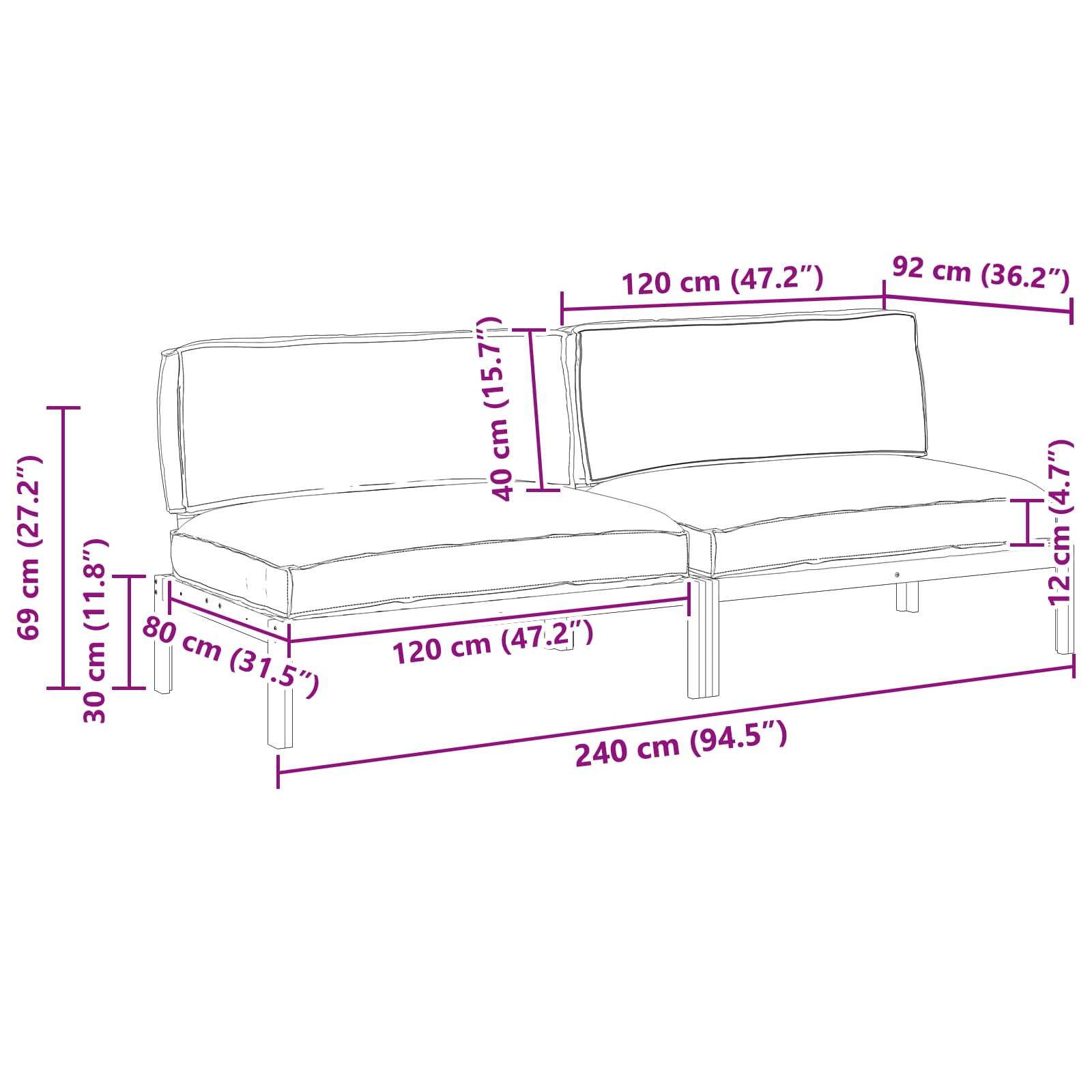 Diagramm eines zweisitzigen Sofas mit Abmessungen: 240 cm (94,5
